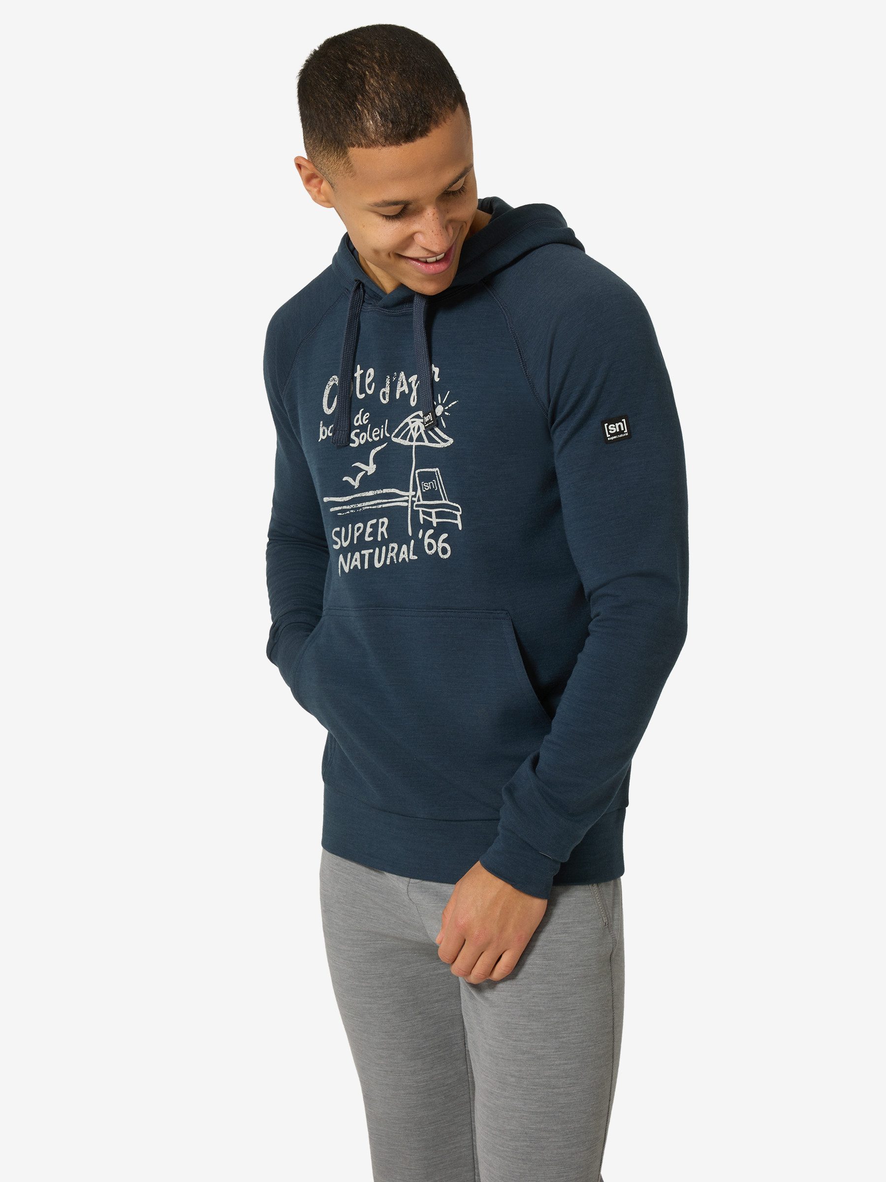 SUPER.NATURAL Hoodie für Herren,Merino M COTE D'AZUR HOODIE mit Sommer-Motiv, atmungsaktiv