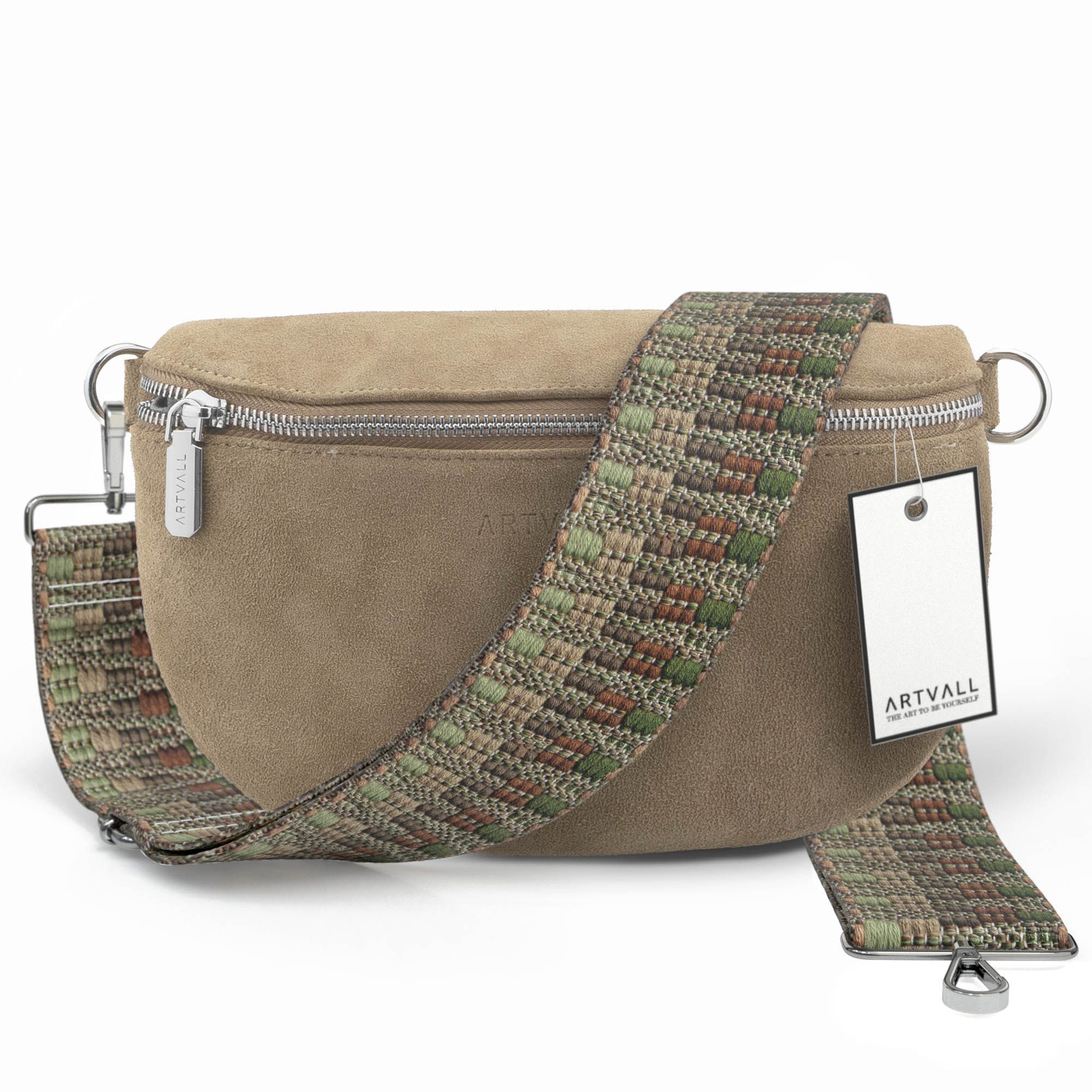 ARTVALL Umhängetasche Wildleder Handtasche Brusttasche Crossbody Beige (Tasche inkl. Taschenband), Wildleder Bauchtasche mit Reißverschluss breites Schulterband Klein