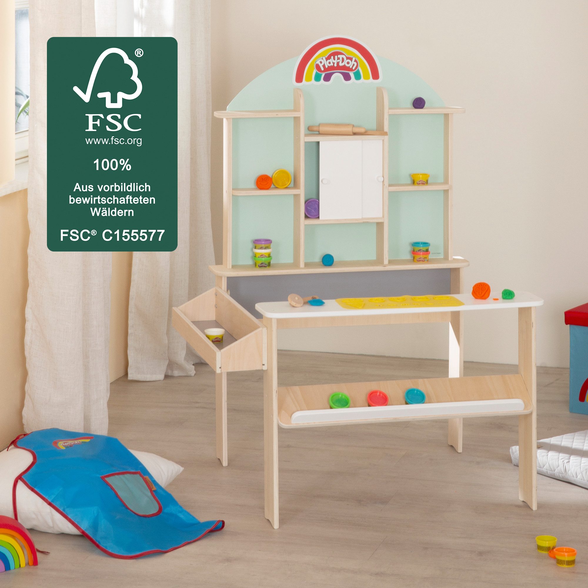 roba® Kaufladen roba x Play-Doh für Kinder - Verkaufsstand mit Knete (Komplett-Spielset, 12 x Dosen Knete, 3D-Kreativmatte, Modellierwerkzeug, Schürze), Spielset aus FSC Holz - Pädagogisch wertvoll - Ab 3 Jahren