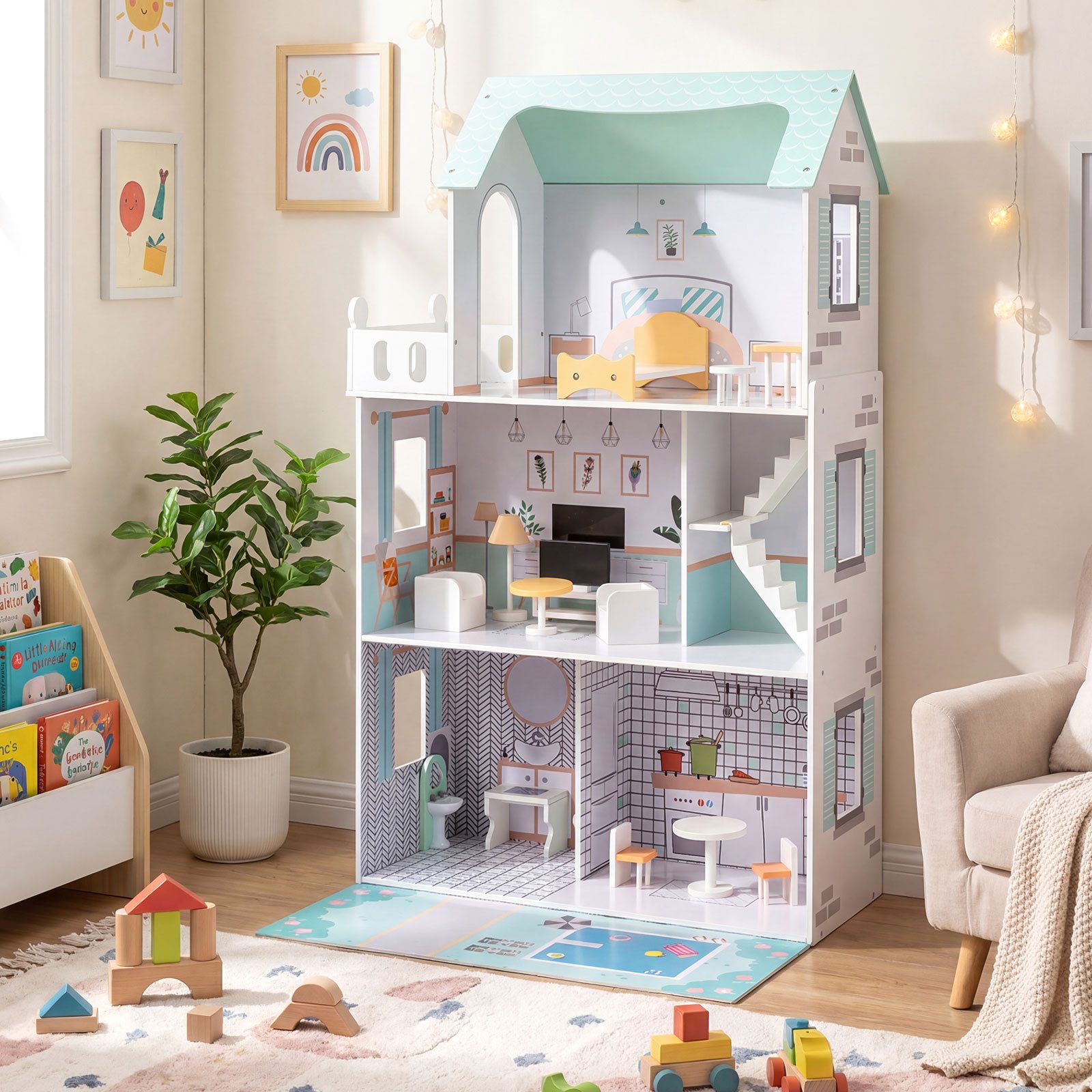 COSTWAY Puppenhaus, Mit 17-teiliger Möbelausstattung & Erzählspielzeug
