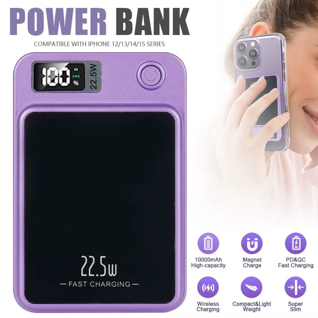 Athlix 10000mAh Magnetische Kabellose Power Bank für Apple iPhone Powerbank 10000 mAh, Starker Magnetischer Snap-On-Akkupack, schlank, leichtgewichtig