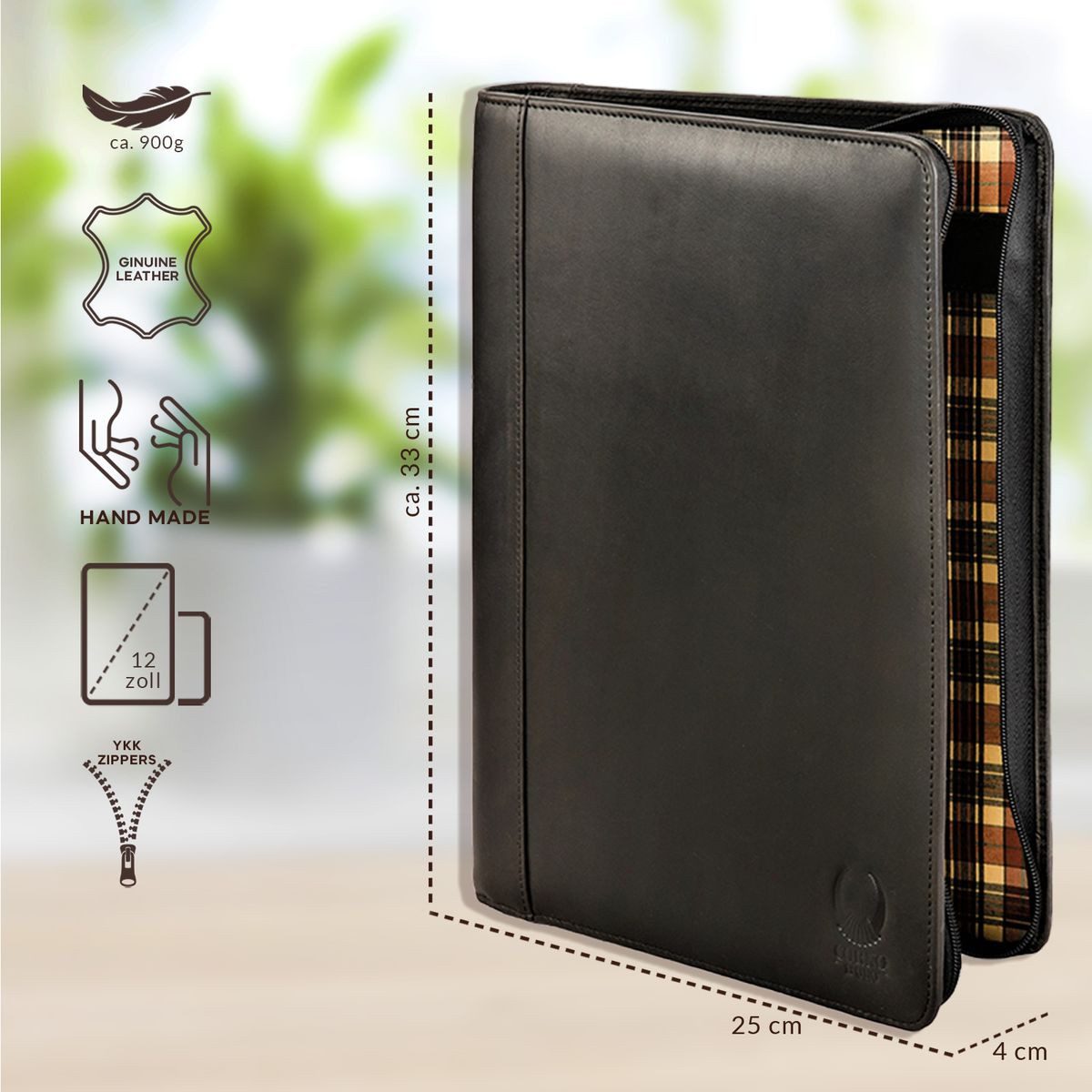 Corno d´Oro Aktenmappe für bis 12 Zoll Tablet iPad Handmade Konferenzmappe A4 Leder Schwarz, Schreibmappe mit Reißverschluss, RFID Schutz, im Geschenkbox