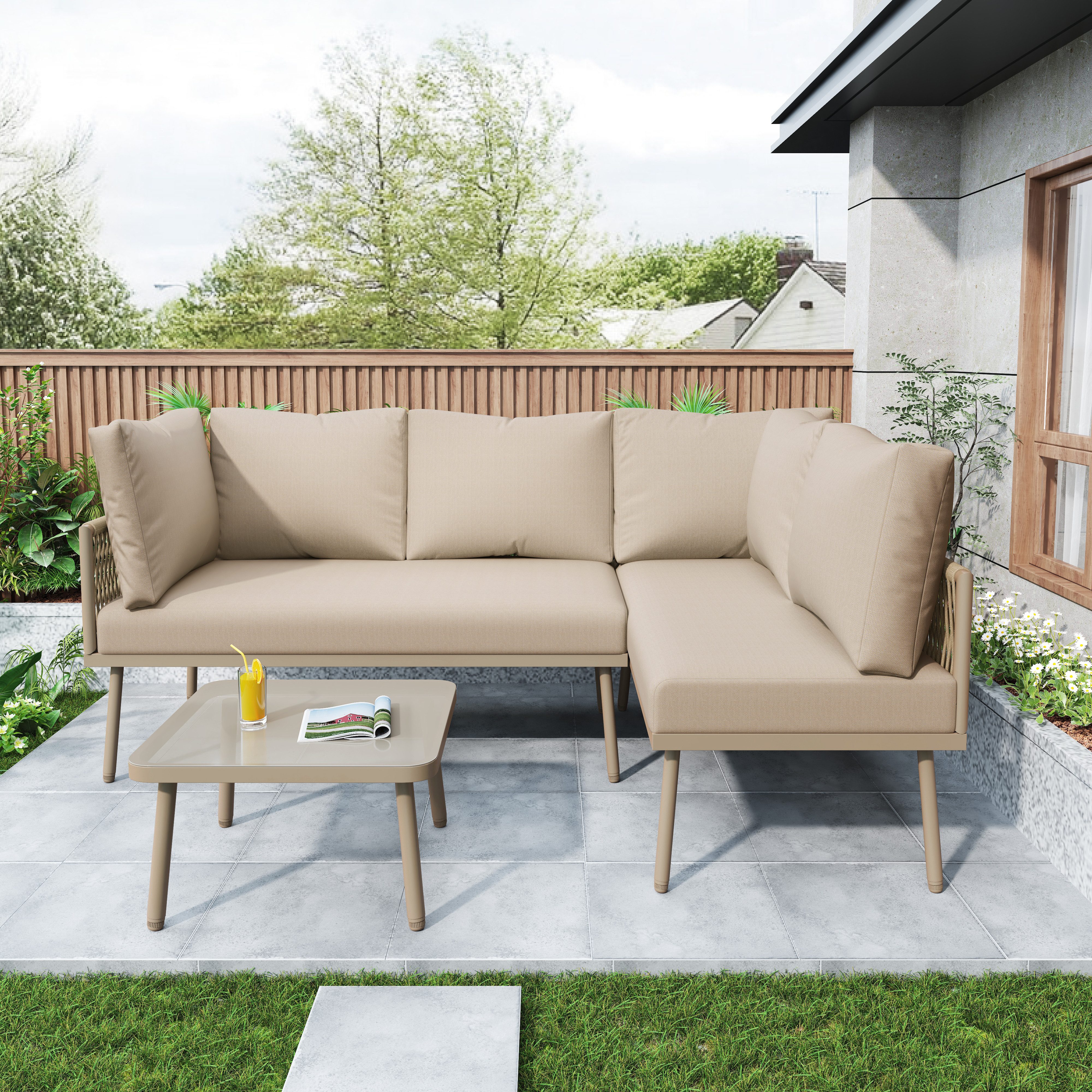 Flieks Gartenlounge-Set, (3-tlg), 4-Sitzer L-förmiges Gartenmöbel günstig online kaufen