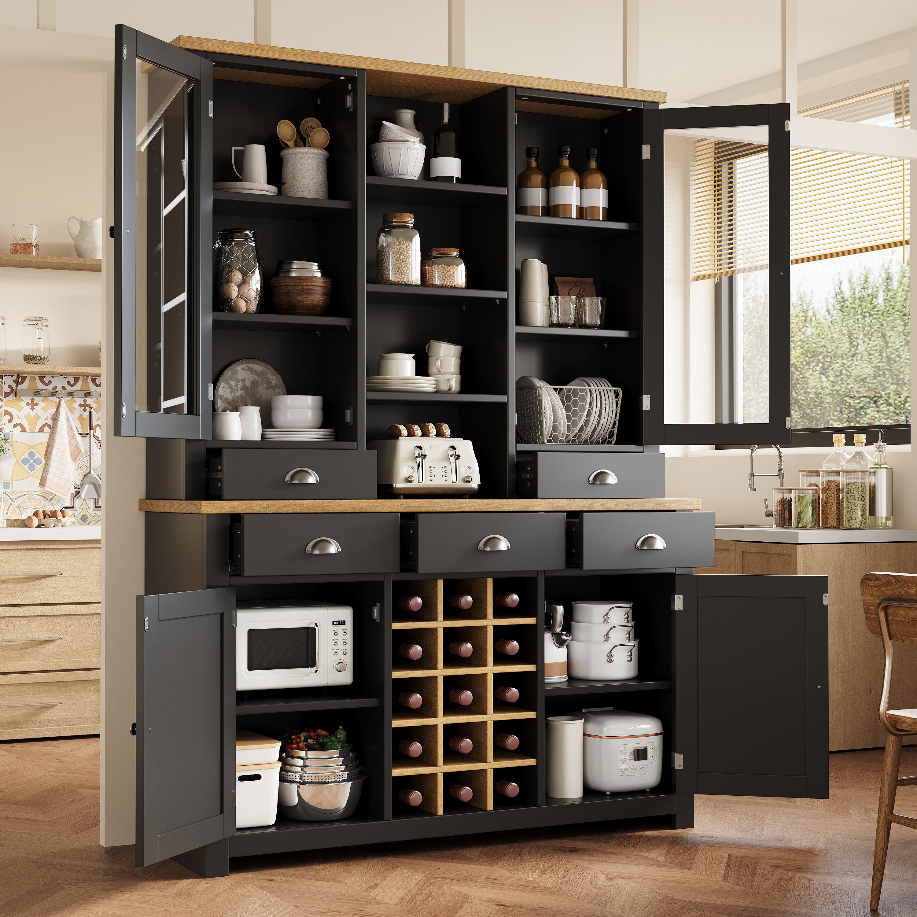 Flieks Küchenbuffet mit Arbeitsplatte in Holzoptik Natur, Glastüren und Weinregal (1-St., B120/T40/H185 cm) Hochschrank Küchenschrank Geschirrschrank mit verstellbarer Ablagen