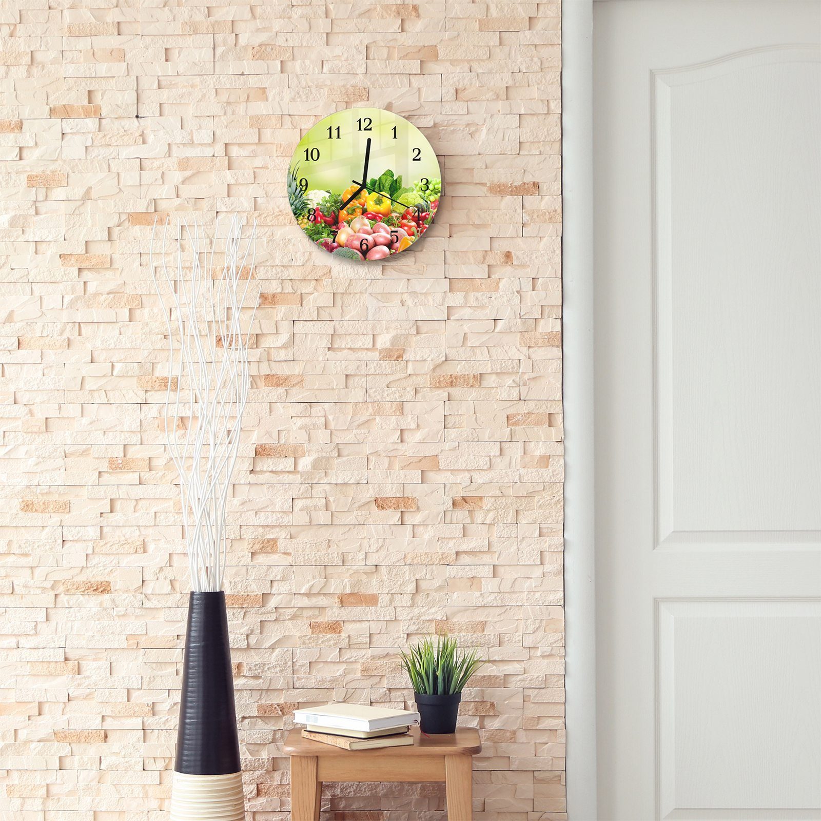 Primedeco Wanduhr Wanduhr - gemischt Motiv Durchmesser und Glas cm aus mit Quarzuhrwerk Gemüse mit Rund 30