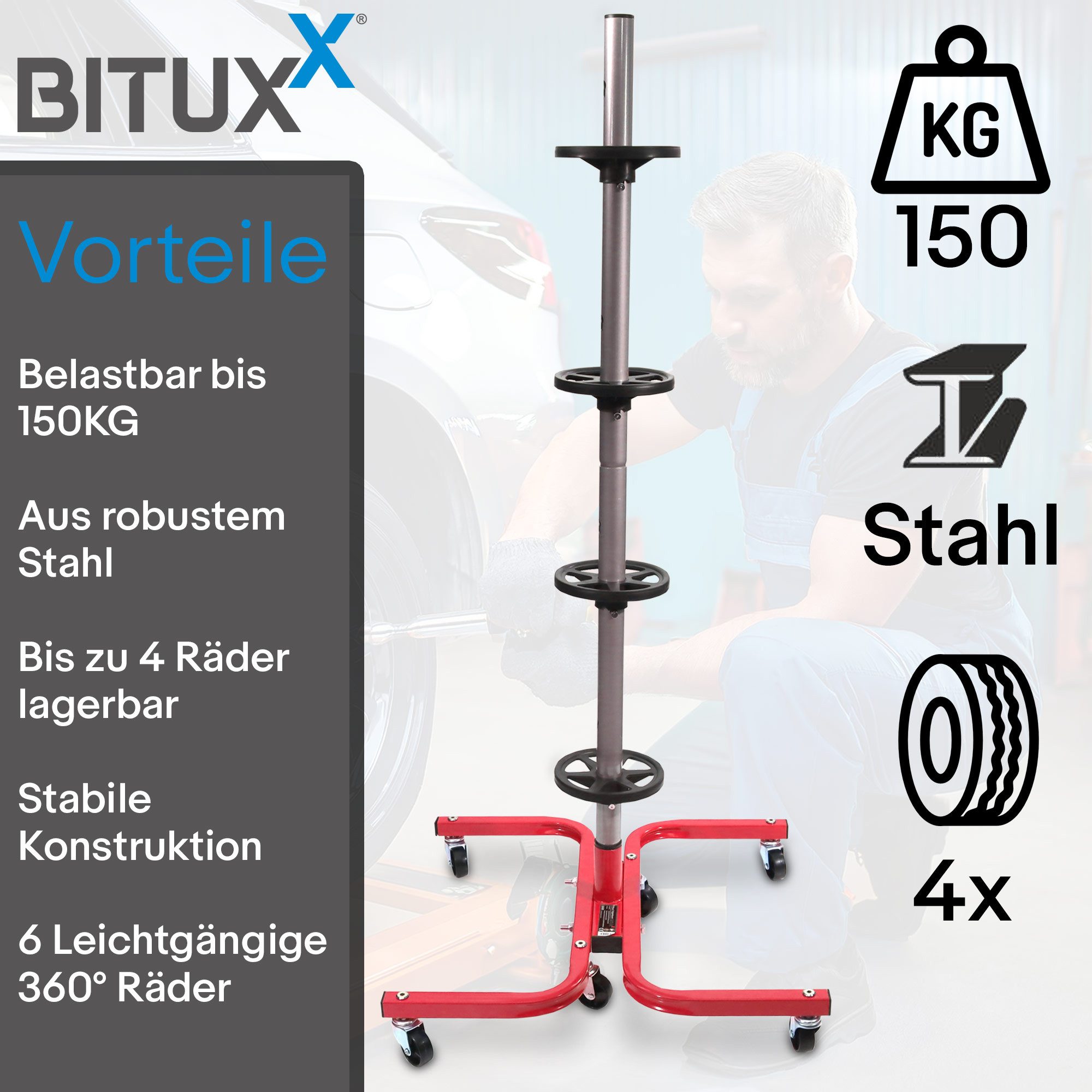 Bituxx Felgenbaum Bituxx Felgenbaum Rot/Schwarz, für 4 Reifen, bis 245 mm Reifenbreite, MS-19738, 360°-Rollen