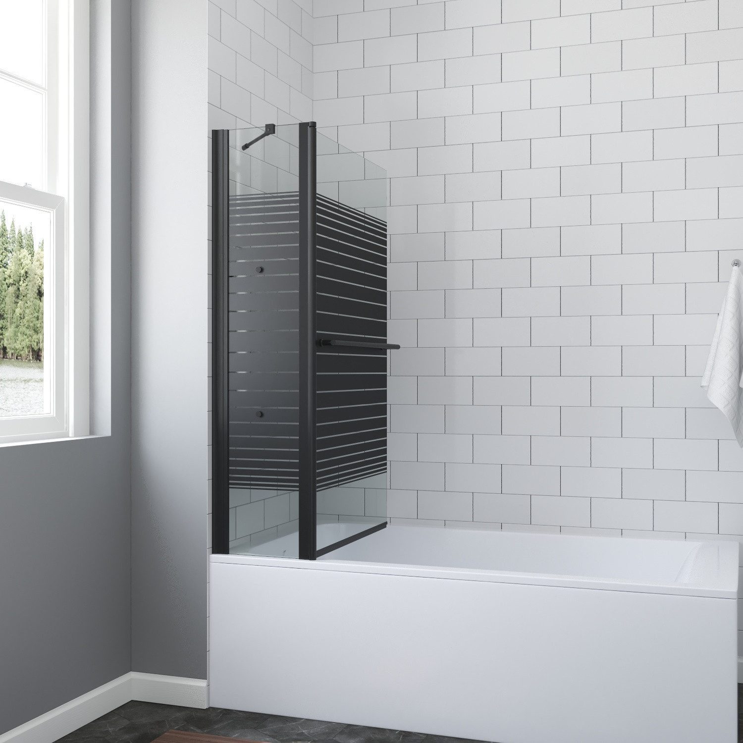 AQUABATOS Duschwand für Badewanne Eck Badewannenaufsatz 110x140cm 1tlg Spritzschutz im Bad, 5 mm Einscheiben-Sicherheitsglas (ESG) mit Nanobeschichtung, mit Handtuchhalter,großer Verstellbereich