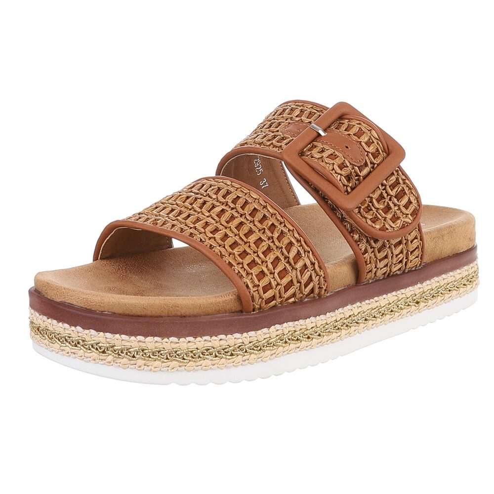 Ital-Design Bequeme Damen-Sandalen mit geflochtener Oberflächenstruktur Plateausandaletten (89542878) Flach Pantoletten in Camel