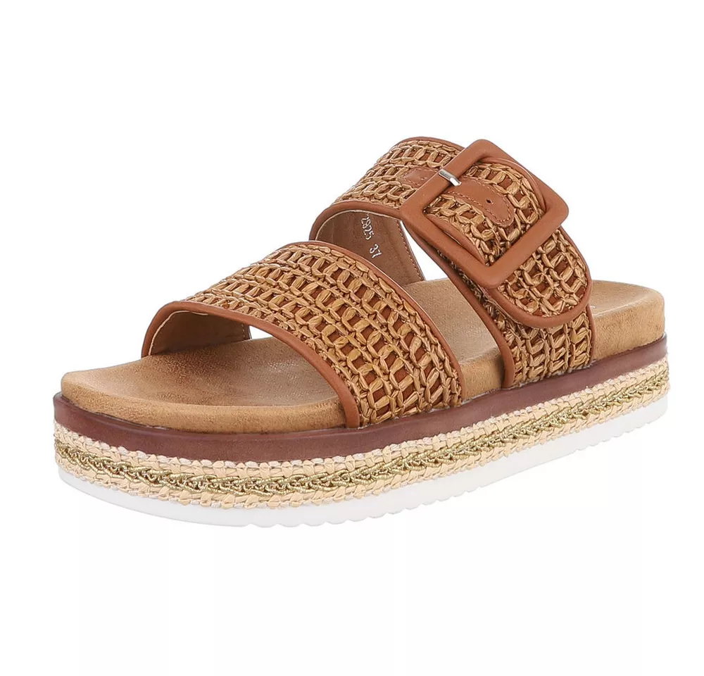 Ital-Design Bequeme Damen-Sandalen mit geflochtener Oberflächenstruktur Plateausandaletten (89542878) Flach Pantoletten in Camel