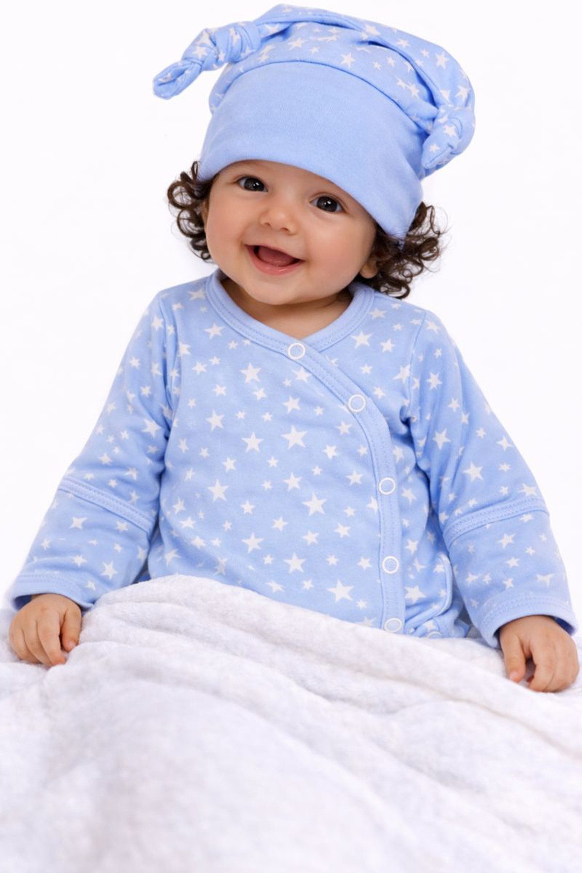 La Bortini Wickelbody Baby Set Langarmbody und Mütze Body Knotenmütze in Blau aus Baumwolle, mit Sternen Muster