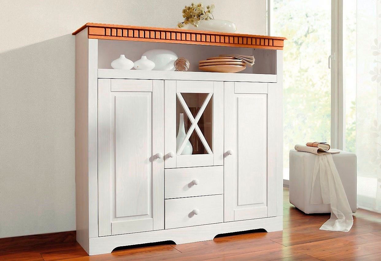 OTTO home Highboard Lisa, Stauraumschrank aus massivem Kiefernholz, mit dekorativen Fräsungen