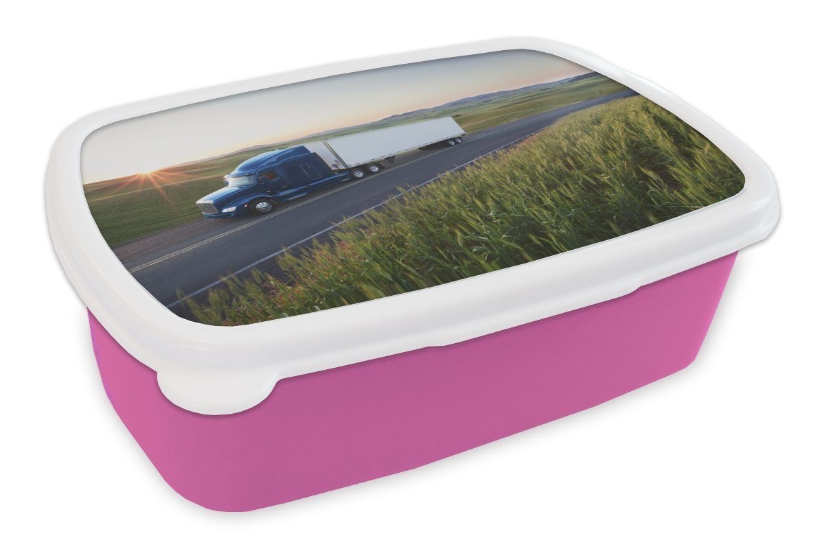 Brotbox grünen Kunststoff, (2-tlg), für Kinder, MuchoWow in rosa Erwachsene, Lkw-Fahren Kunststoff Lunchbox Mädchen, einer Brotdose Umgebung, Snackbox,
