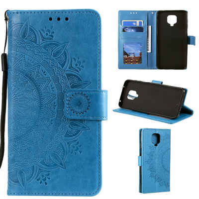CoverKingz Handyhülle Xiaomi Redmi Note 9 Pro Handy Hülle Flip Case Cover Etui Mandala Blau, Klapphülle Schutzhülle mit Kartenfach Schutztasche Motiv Mandala