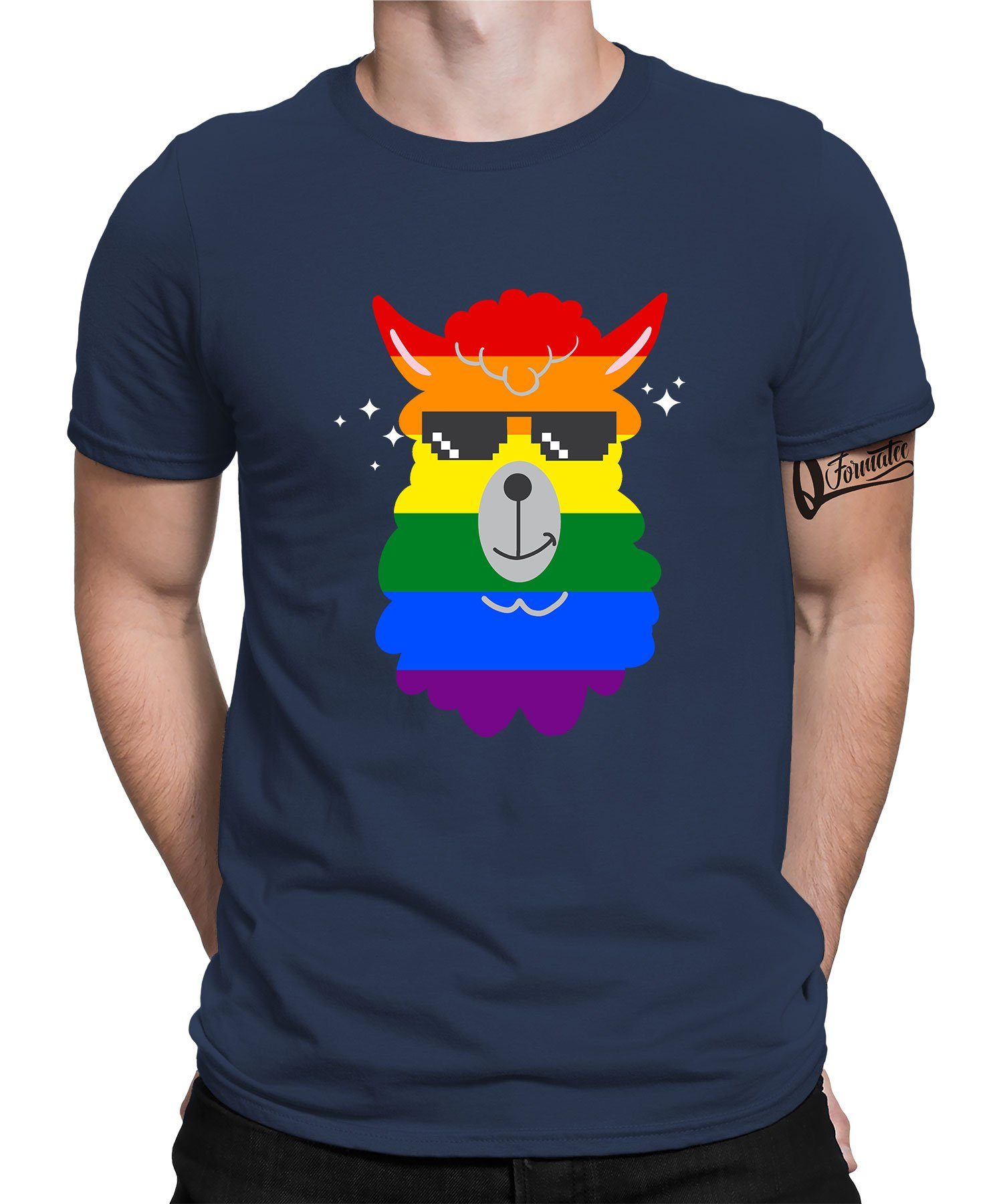 Gay Blau - T-Shirt Alpaka Kurzarmshirt Regenbogen Formatee Navy Pride Quattro Herren Lama LGBT (1-tlg) Stolz
