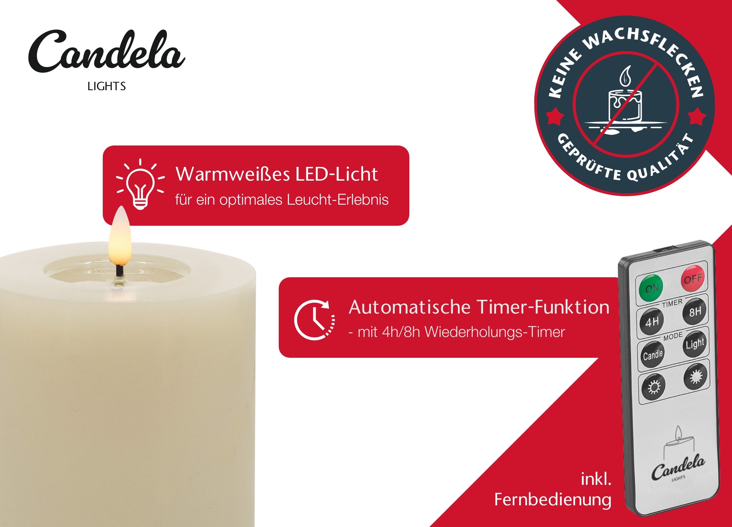 LC Home LED-Kerze Candela Lights LED Kerzen Echtwachs 4erSet mit Fernbedienung Batterien (Komplett-Set), LED Kerzen mit Timerfunktion Fernbedienung Dimmbar
