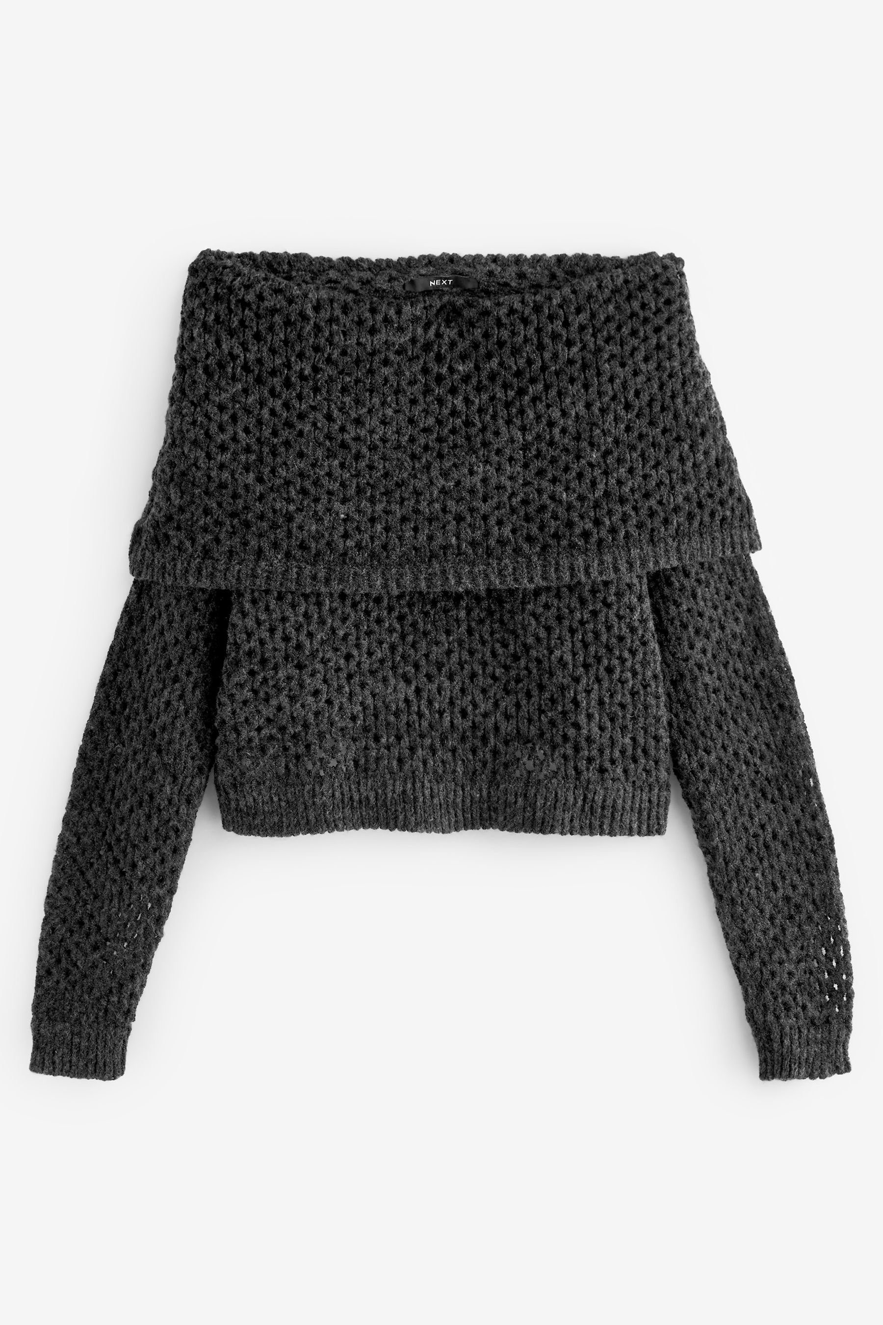 Next Carmenpullover Langärmeliger Bardot-Pullover mit offenem Mesh (1-tlg) Charcoal Grey