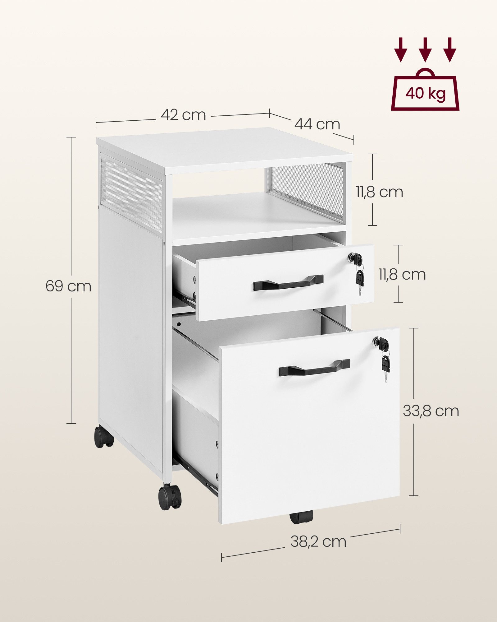 VASAGLE Aktenschrank Rollcontainer, Büroschrank mit Schubladen, rollen