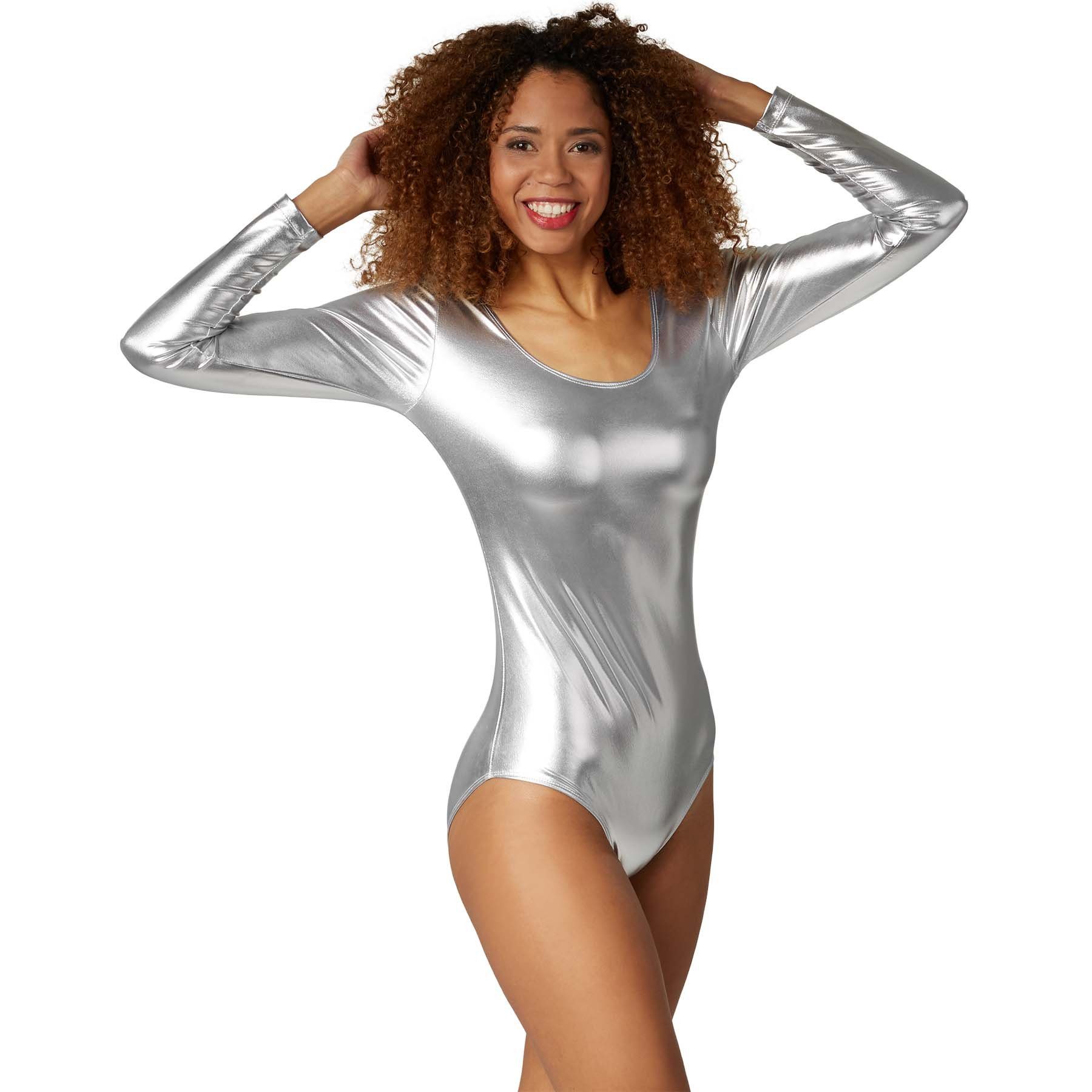 dressforfun Body Einteiler, Einfarbiger Body mit langen Ärmeln, elastisches Material (Unterziehoberteil, Konfektionsgröße XL in silber) Oberfläche in glänzendem Metallic-Look, Hoher Tragekomfort, guter Sitz