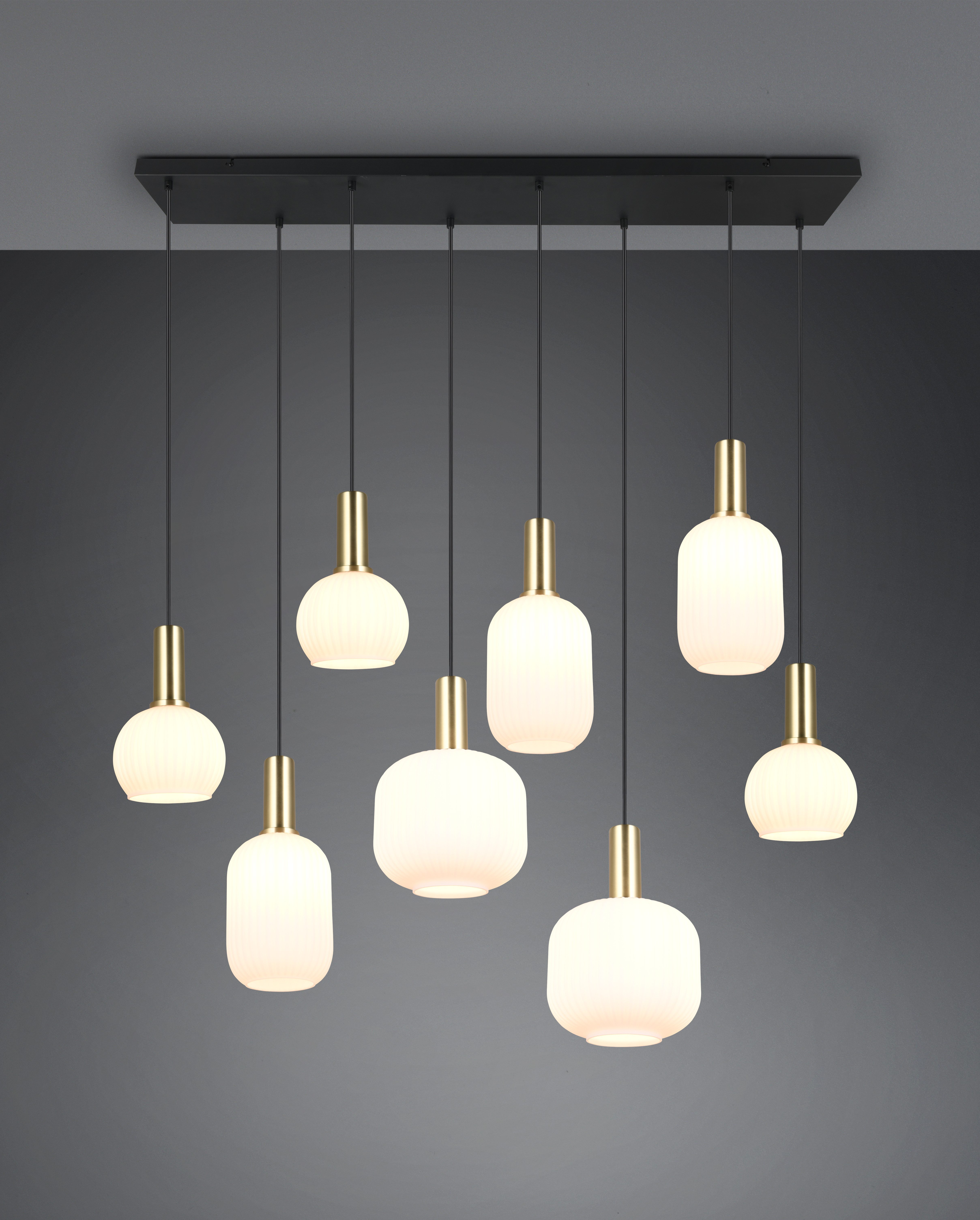 TRIO Leuchten Pendelleuchte DIVA, E27 Hängelampe 8-flammig mit Glasschirm, exkl 8xE27 max 10W, Leuchtmittel wechselbar, warmweiß - kaltweiß, höhenverstellbar bis max 150cm Hängeleuchte 120x32 cm Wohnzimmer Küche