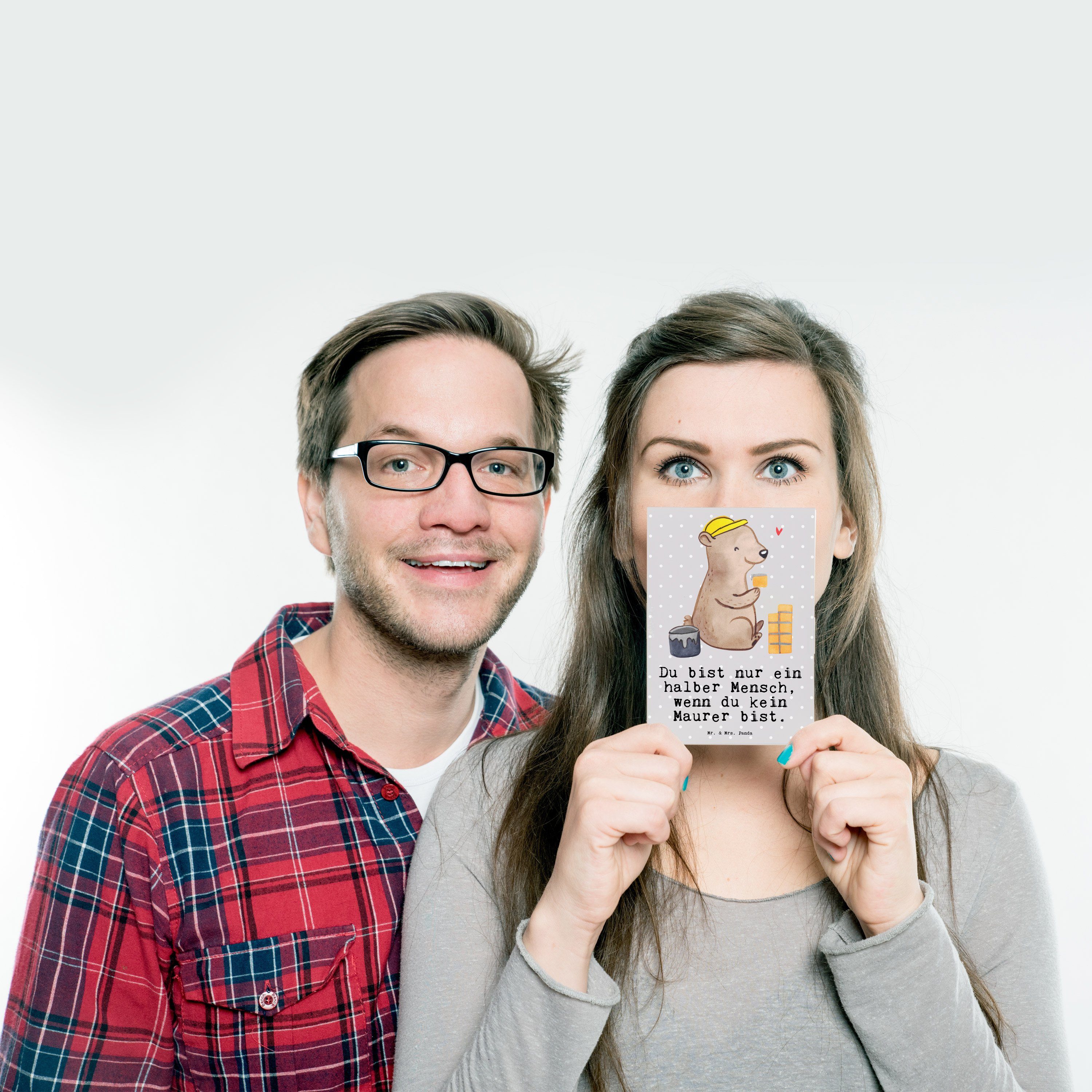 Mr. & Mrs. Panda Postkarte Maurer mit Herz - Grau Pastell - Geschenk, Geburtstagskarte, Gesellen