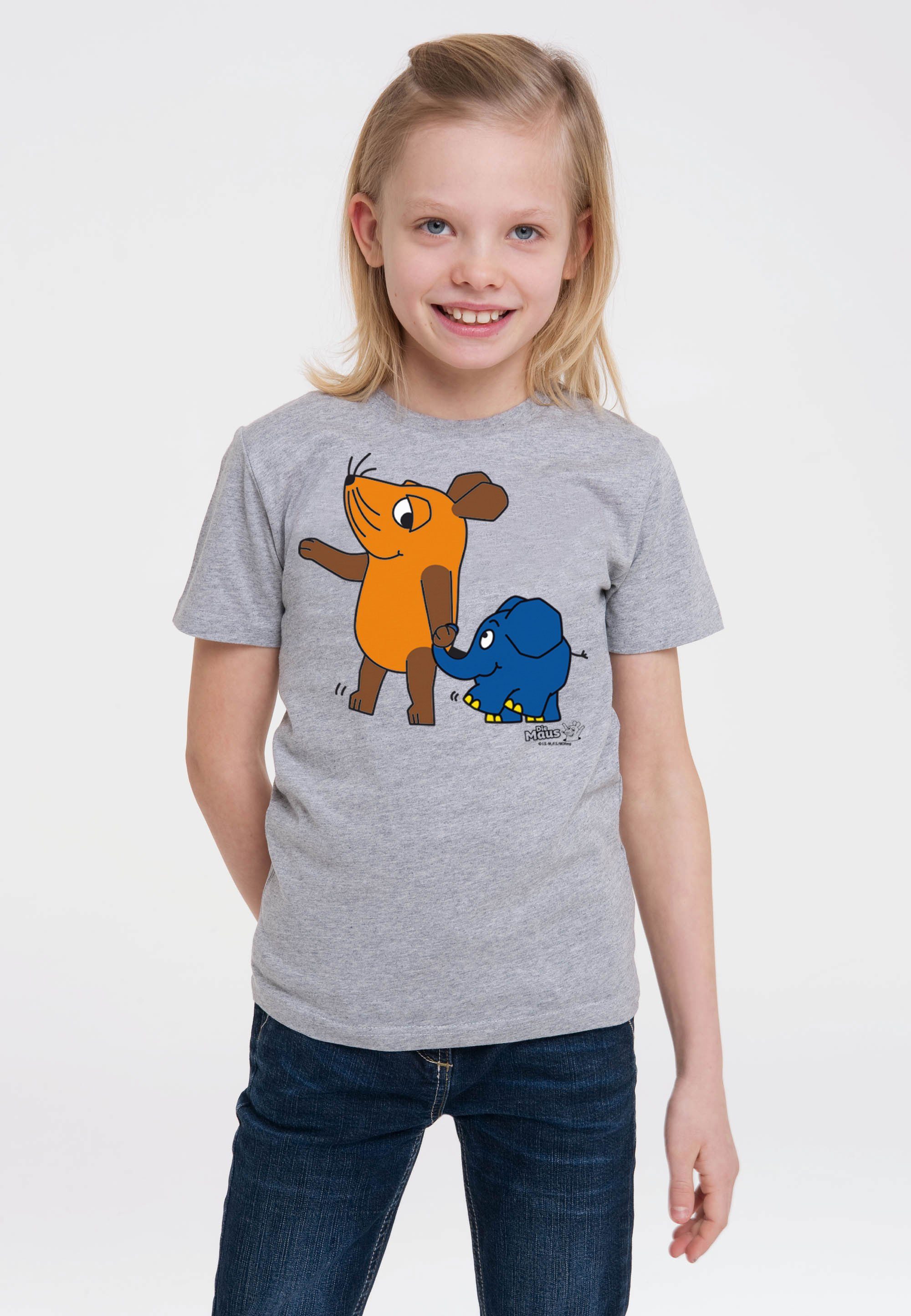 LOGOSHIRT T-Shirt Sendung mit der Maus - Maus & Elefant mit coolem Print grau-meliert