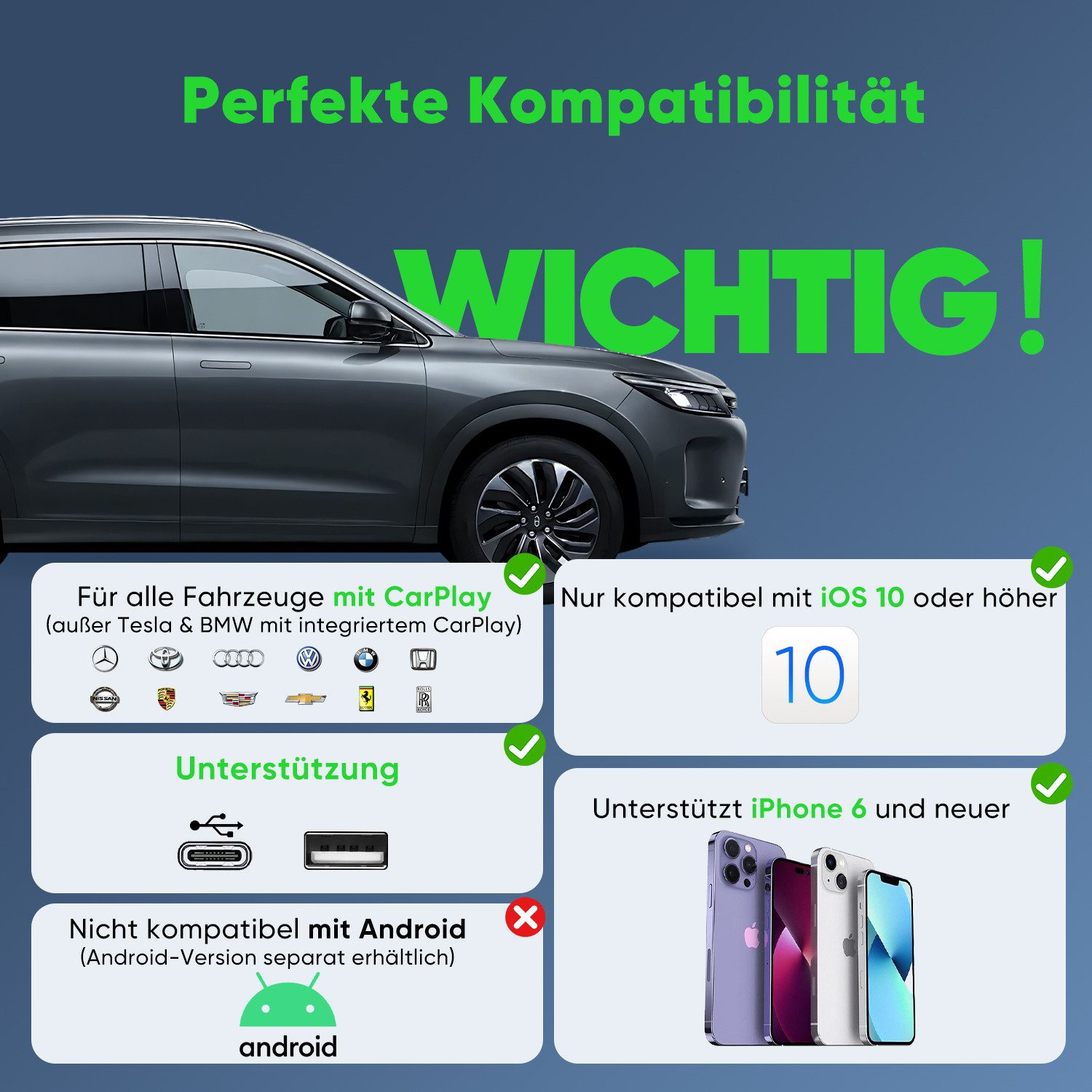 Salcar Wireless CarPlay Adapter für iPhone Dualband 5.8 GHz, ohne Verzögerung Adapter zu USB Typ A, Kompatibel mit iPhone 6 & iOS 10+, Plug & Play Dongle