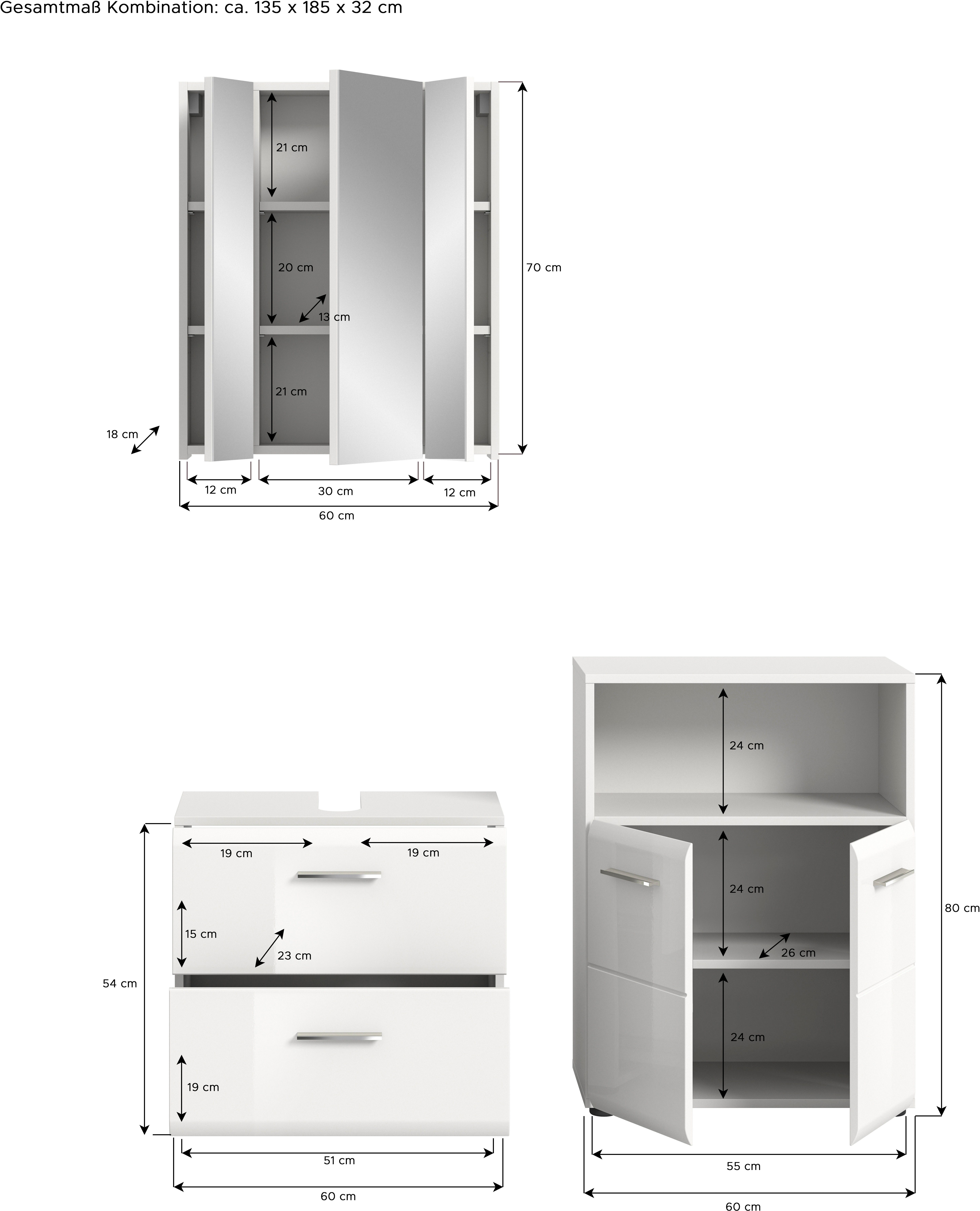 INOSIGN Badmöbel-Set FLORENZ, TOPSELLER!, 3-teilige Badkombination, hochwertige MDF-Front, (Set, best. aus: Waschbeckenunterschrank, Spiegelschrank, Midischrank breit), Bad-Kombination, Bad-Möbel, Badezimmer, Kombination, Kombi