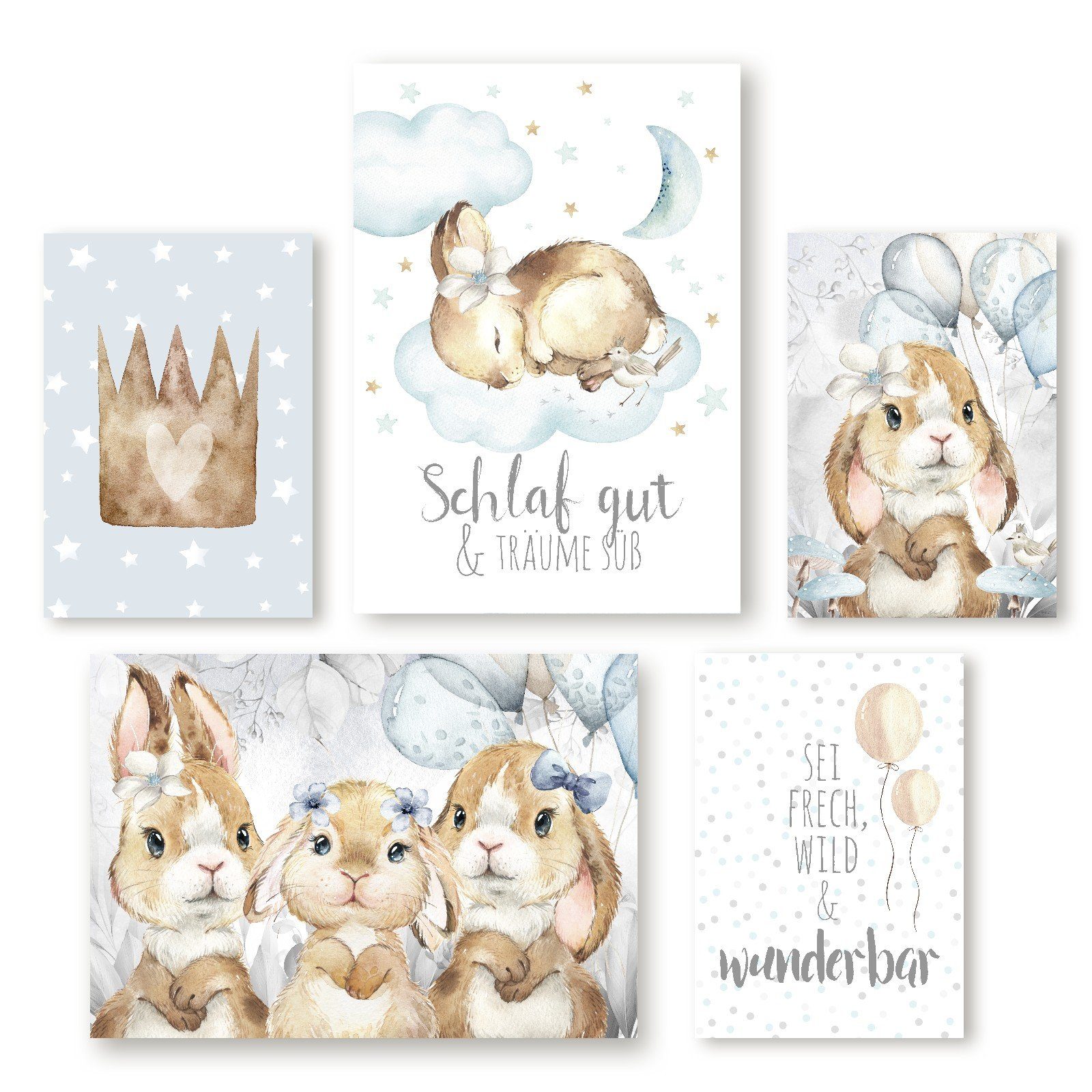 homestyle-accessoires Плакат Kinderzimmer Изображения Изображенияset SCHLAF GUT & TRÄUME SÜß - HASE BUNNY, (5 St), - Ohne Изображенияrahmen - sorgfältige & sichere Verpackung