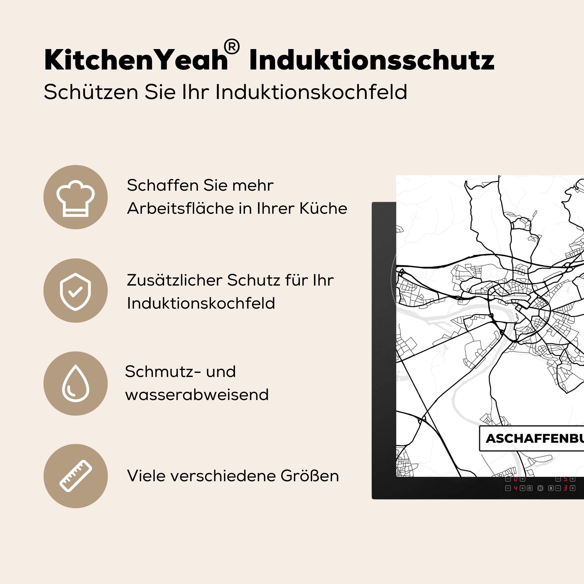 cm, Arbeitsplatte tlg), Karte für Herdblende-/Abdeckplatte - Aschaffenburg Stadtplan, - 78x78 MuchoWow (1 Ceranfeldabdeckung, Vinyl, küche