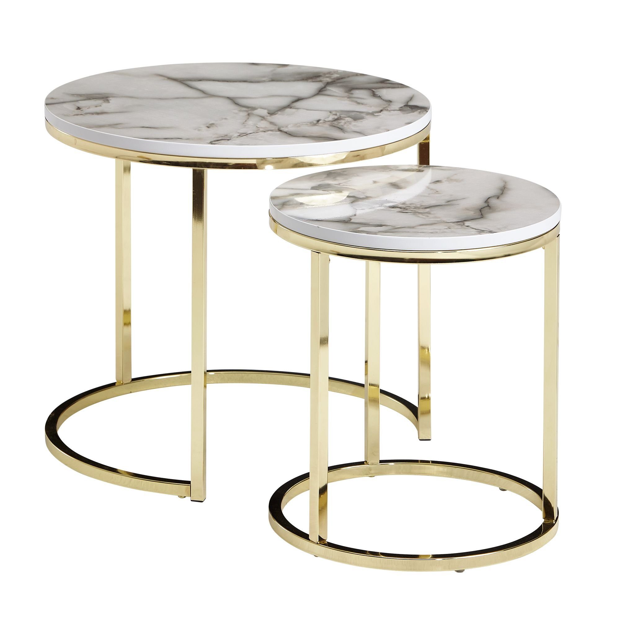 Satztisch Design Beistelltisch 2er Set Weiß Marmor Optik Rund, Couchtisch 2