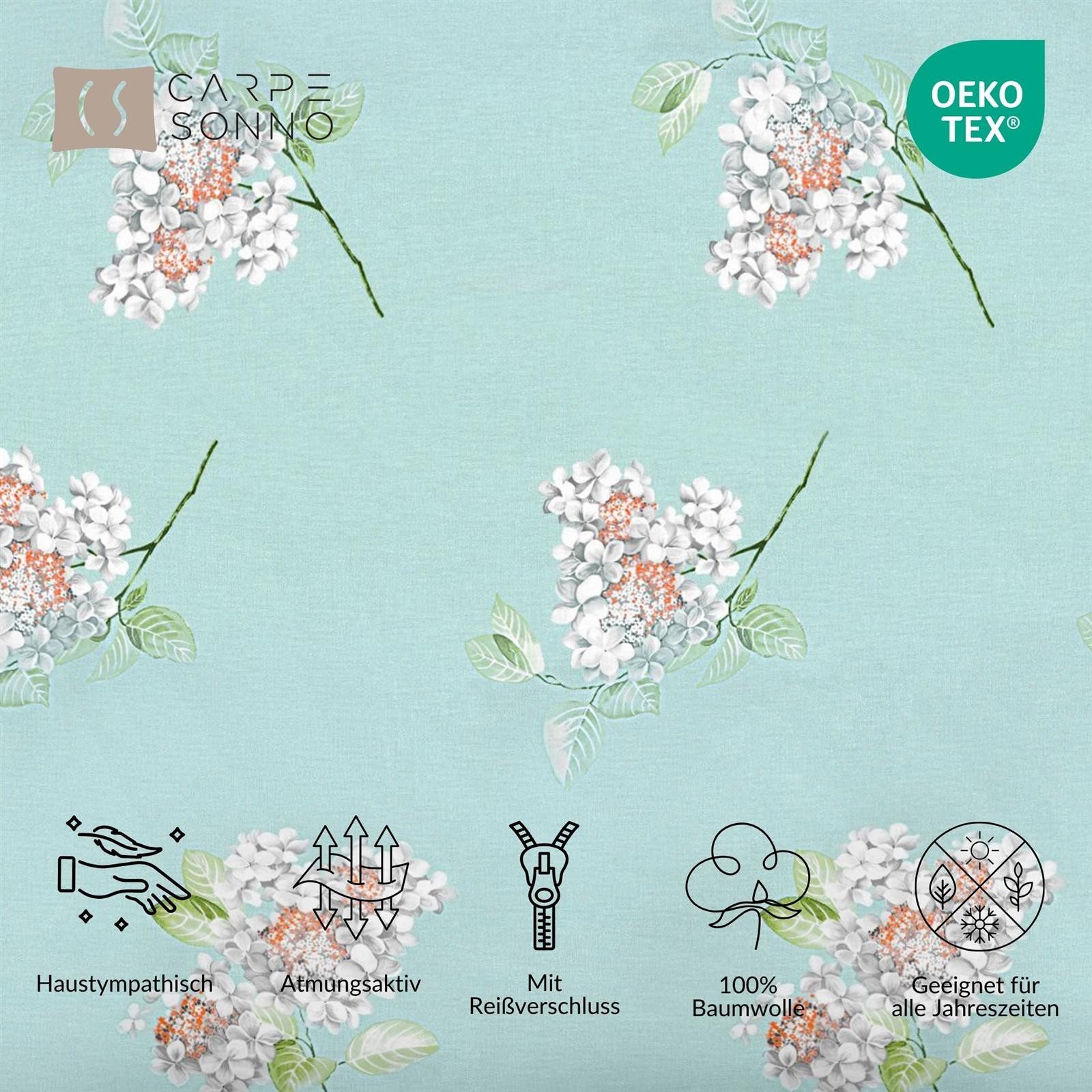Carpe Sonno Bettwäsche Set 135x200 100% Baumwolle Renforce Bettbezug Blumen Mint geblümt, Renforce, 2 teilig, Florale Ganzjahres Bettwaren mit Frühling Sommer Motiv