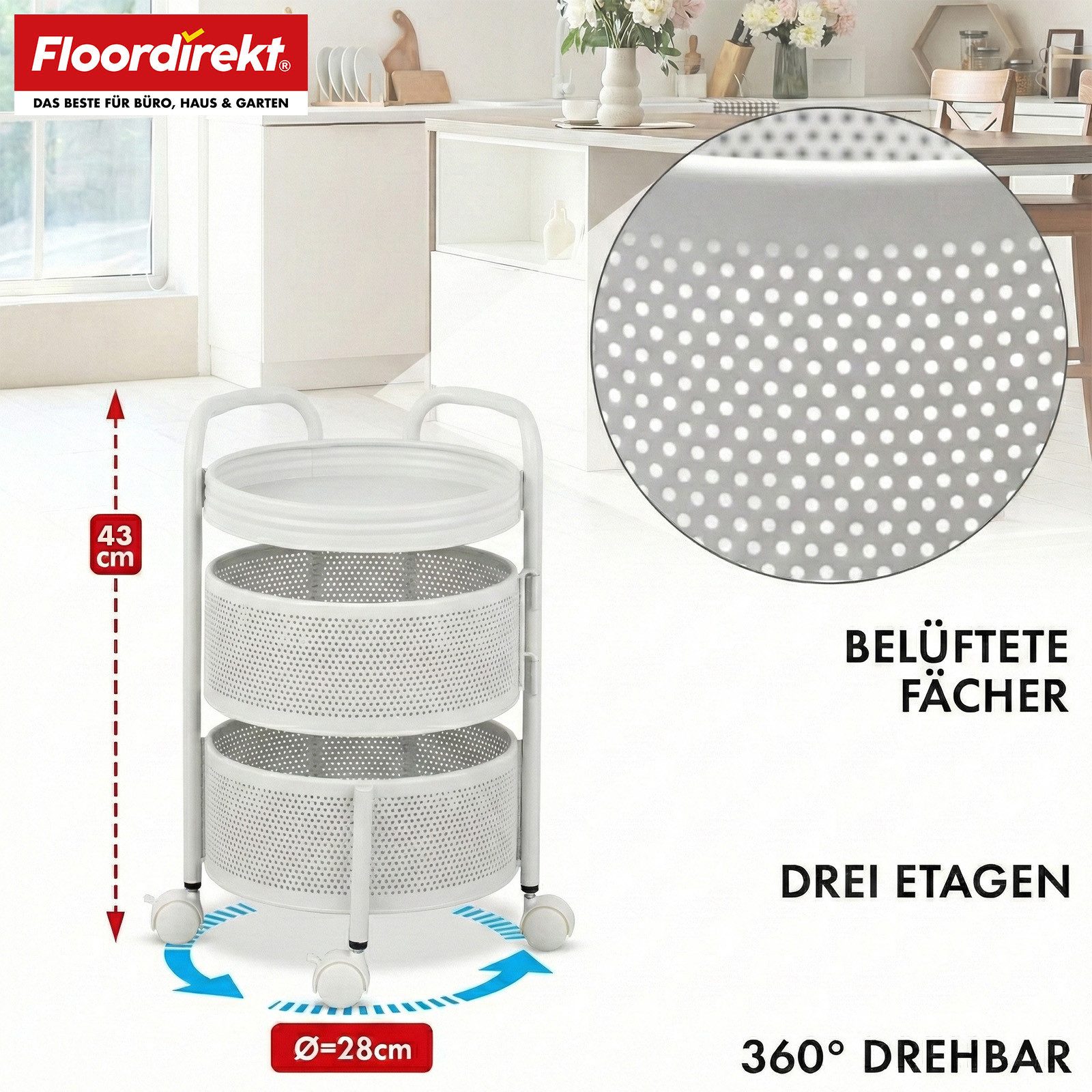 Floordirekt Rollwagen Henry rostfreier Stahl weiß & Schwarz, 3 oder 5 Etagen mit Körben, für Vorräte, Badutensilien oder Bürobedarf, Rollen mit Feststellbremse
