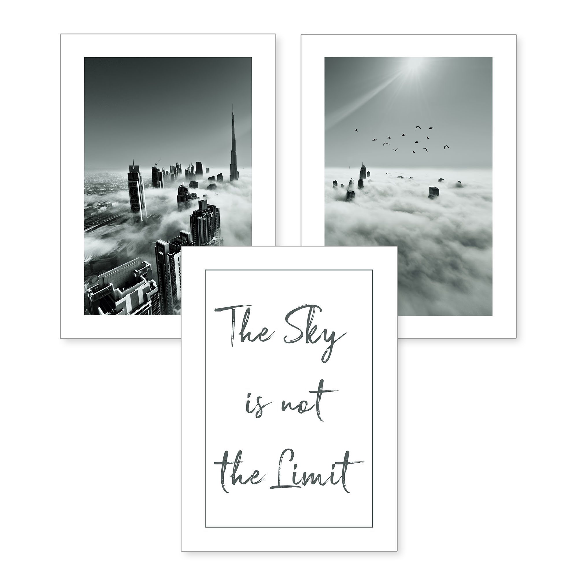 Kreative Feder Poster, Himmel, Sky, Limit, Wolken, Stadt, City, Wolkenkratzer, Inspiration (Set, 3 St), 3-teiliges Poster-Set, Wandbild, optional mit Rahmen, DIN A4 oder A3