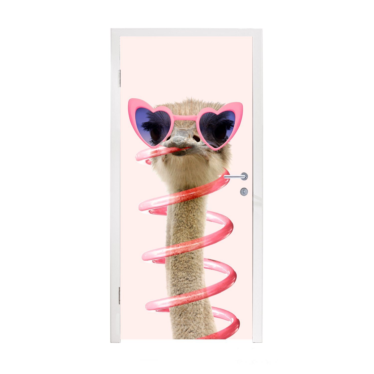 MuchoWow Türtapete Strauß - Sonnenbrille - Rosa - Tiere, Matt, bedruckt, (1 St), Fototapete für Tür, Türaufkleber, 75x205 cm