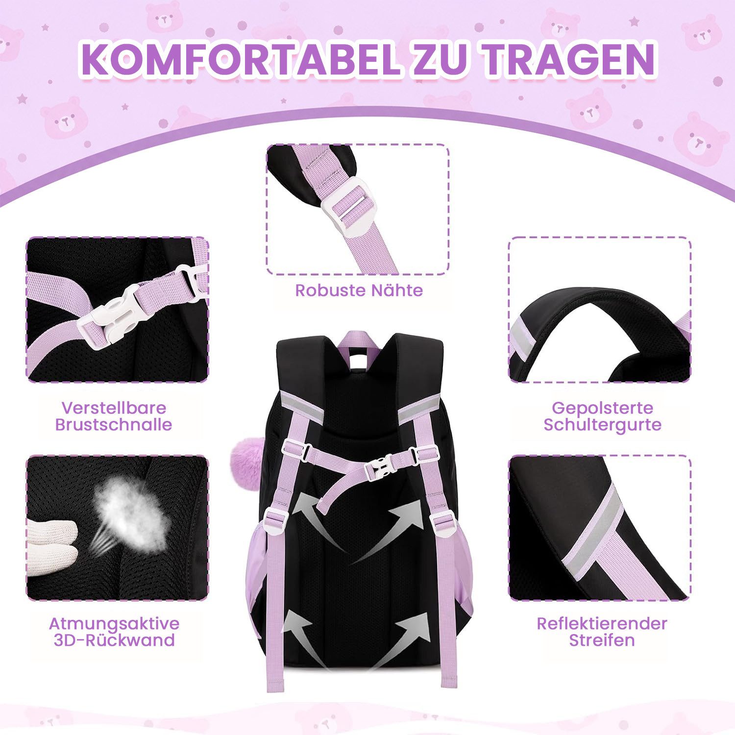MOPUEA Schulrucksack Atmungsaktiv Schulrucksack Rucksack Schultasche Kawaii Büchertasche (Mit 3 süßen Anhängern), Turnbeutel Lässiger Schulranzen Jungen Teenage – Bild 4 von 5