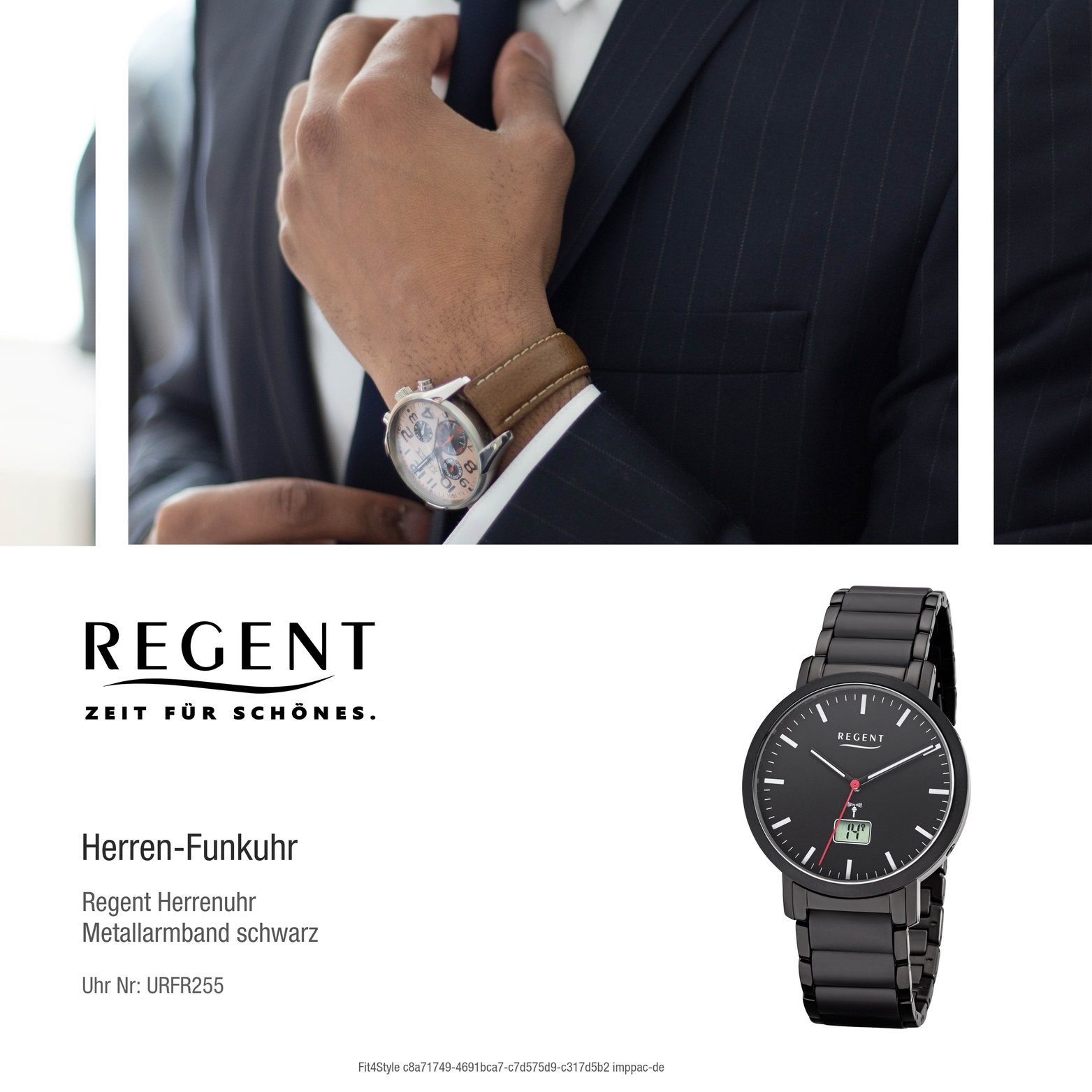 Regent Funkuhr 40mm), mit Regent Elegant-Style Herrenuhr Gehäuse Analog-Digital Metallarmband, rundes Uhr Herren (ca. FR-255,