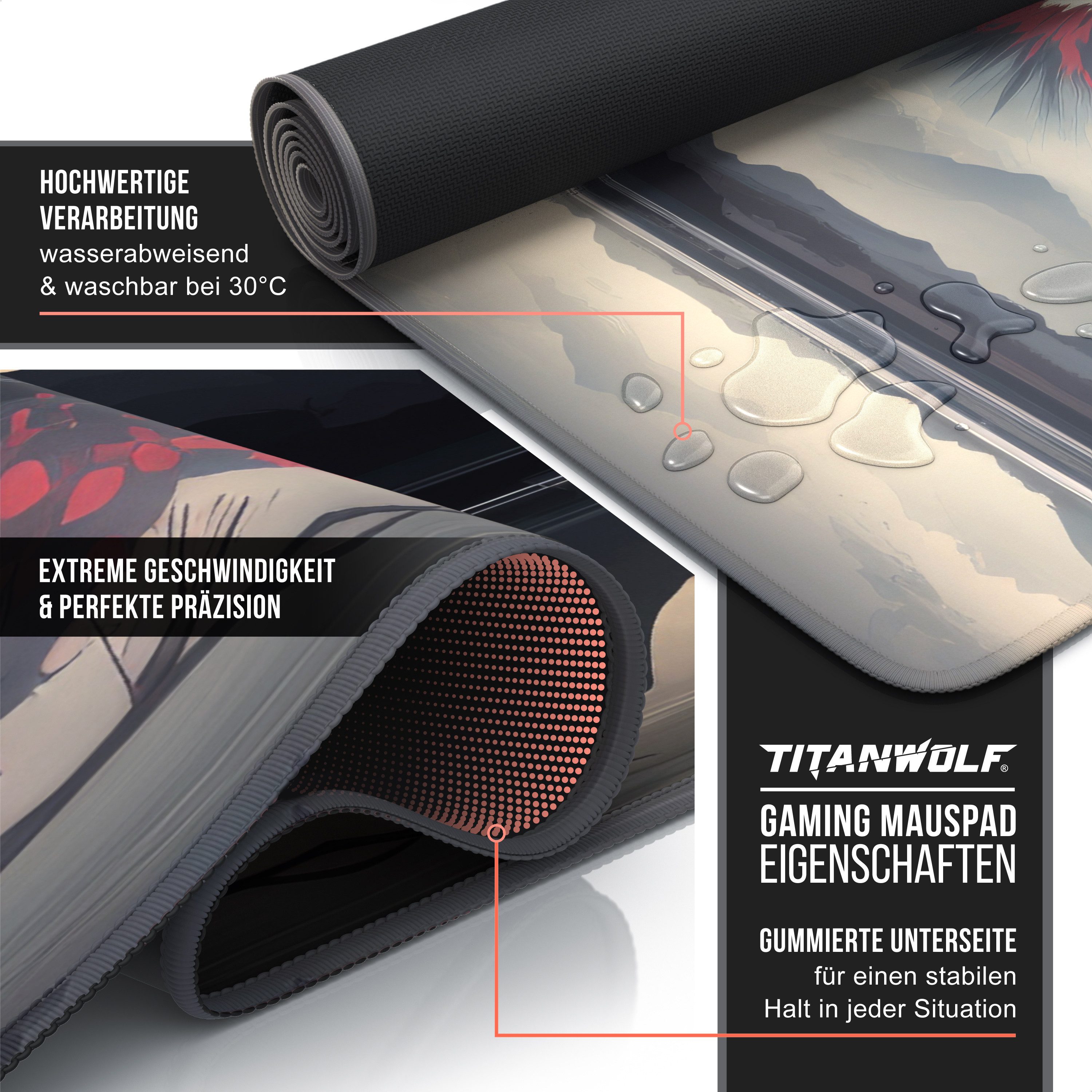 Titanwolf Gaming Mauspad XXL Speed Mousepad 900 x 400 x 3 mm, Schreibtischauflage, abwaschbar, rutschfeste Rückseite, Geschwindigkeit & Präzision, Japan Sunset 2