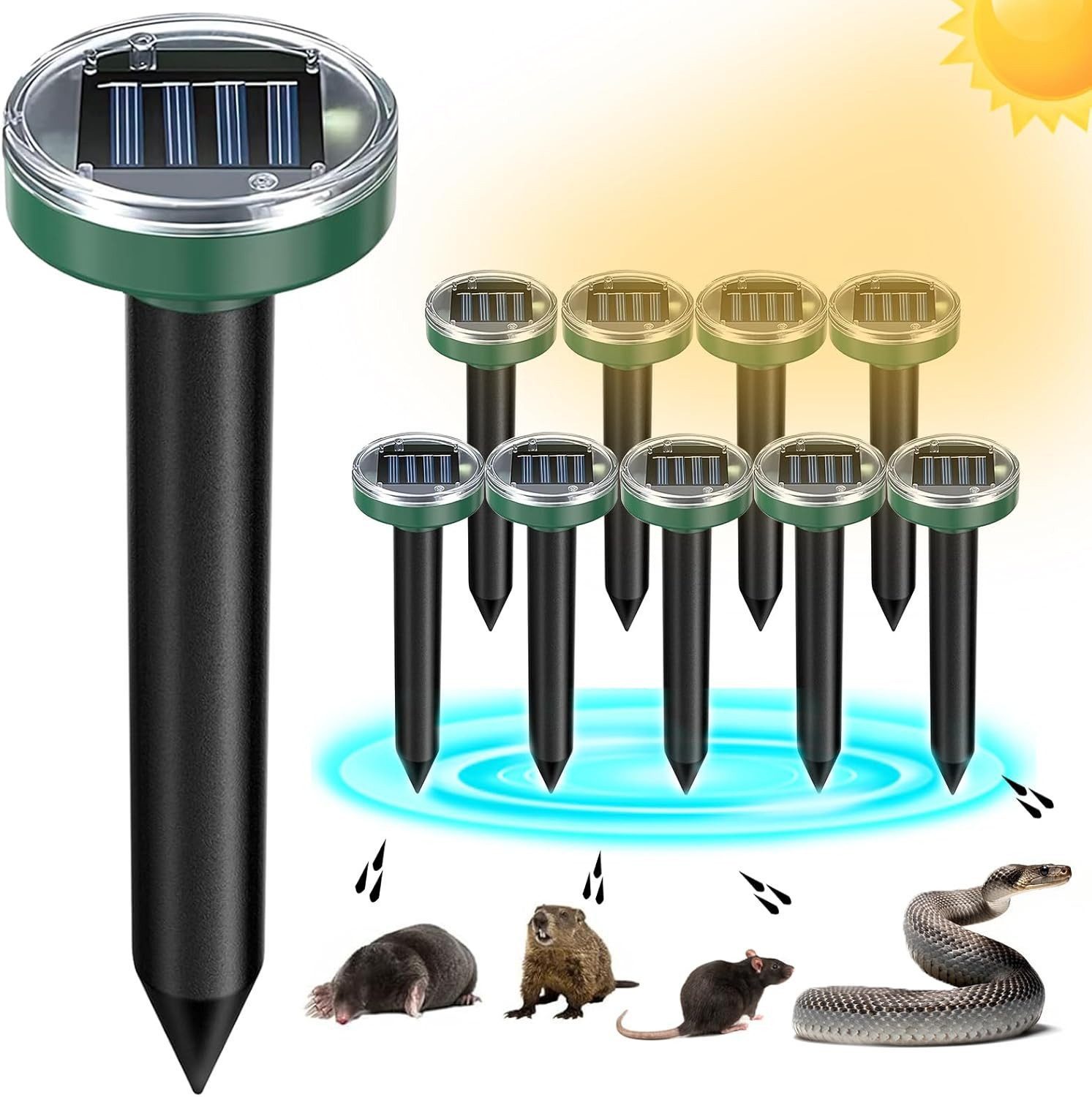 FELIXLEO Vibrations-Tierabwehr 4 Stück Solar Ultraschall Maulwurftreiber Wasserdicht Vertreibt, 8-tlg.