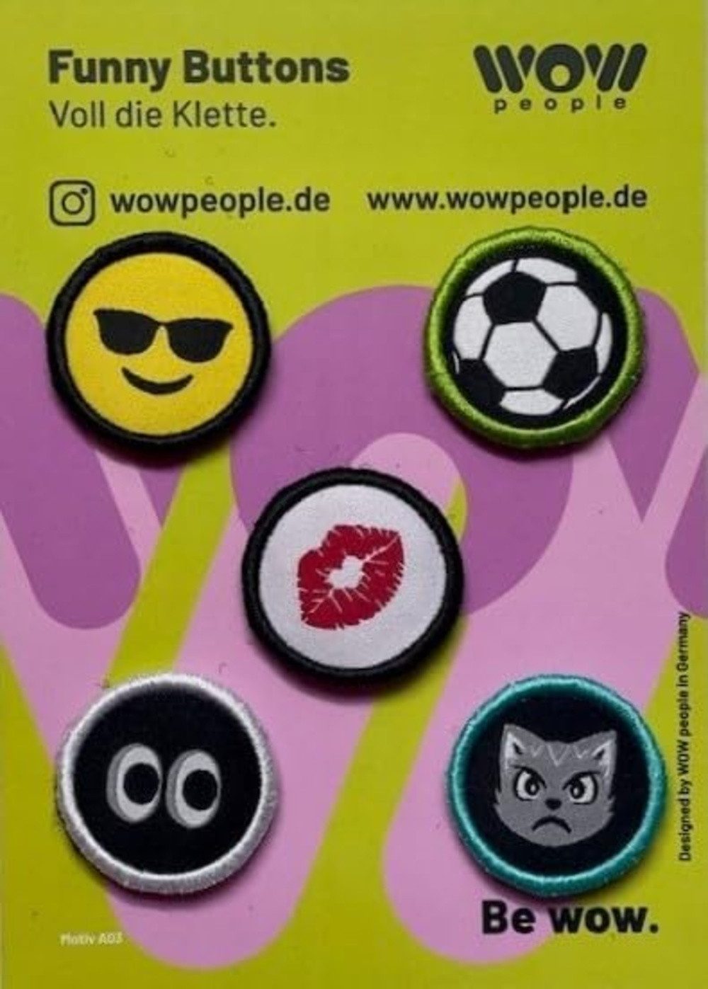 WOW people Klett-Patch Funny Buttons – 5 Klettmotive, für Schranktrolley, Rucksack & Bauchtasche - individuell gestalten
