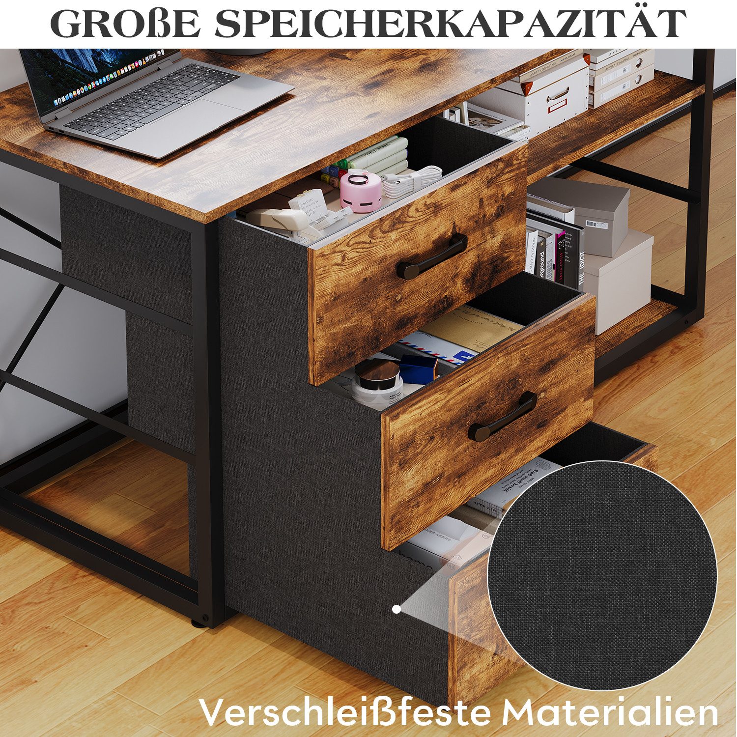 Furnicopia Eckschreibtisch 140cm mit Monitorarm, Computertisch mit drehbarer Tischplatte (Flexibel und schwenkbar, mit Steckdosen (2 Steckdosen + 2 USB-Anschlüs – Bild 5 von 5