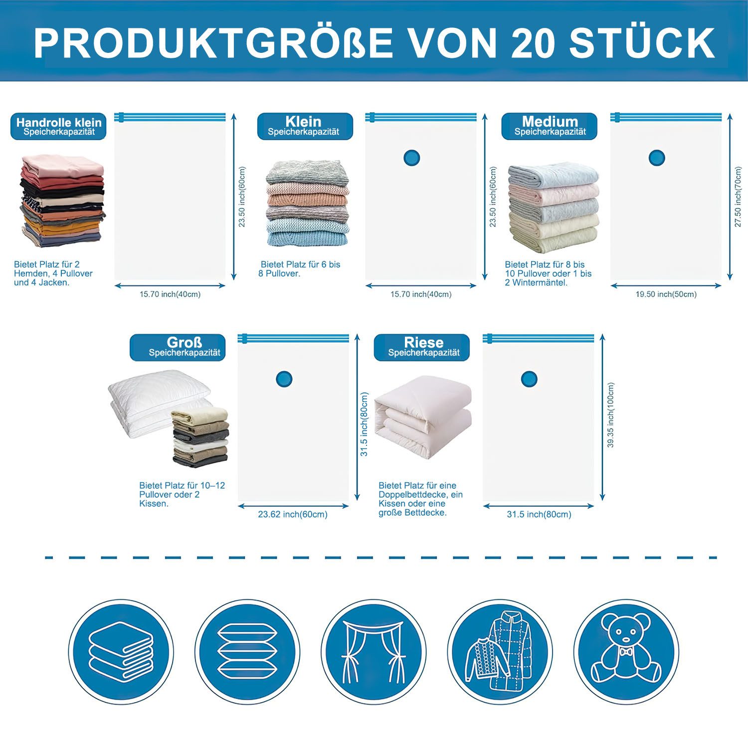 HEYHIPPO Kofferorganizer Vakuum-Kompressionsbeutel, Aufbewahrungsbeutel für Kleidung, 20 Stück (Geeignet zum Verpacken von Kleidung und zum Ordnen des Kleiderschranks, Transparenter Gepäck-Organizer in vier Größen), Komprimiertes Volumen, wiederverwendbar, kein Auslaufen