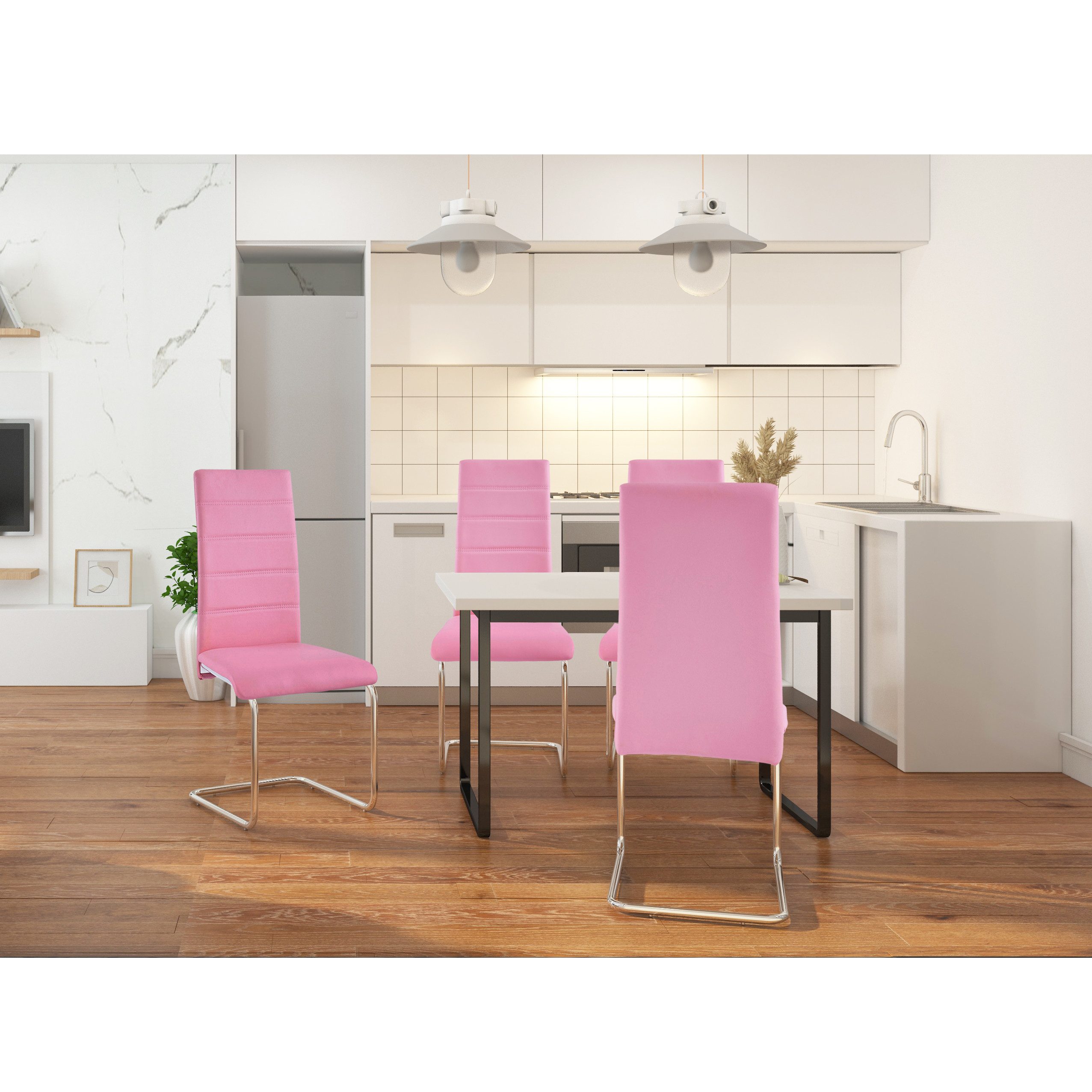 loft24 Freischwinger Adrian (Set, 4 St), Esszimmerstuhl, Küchenstuhl, Lederoptik, Chromgestell, modern