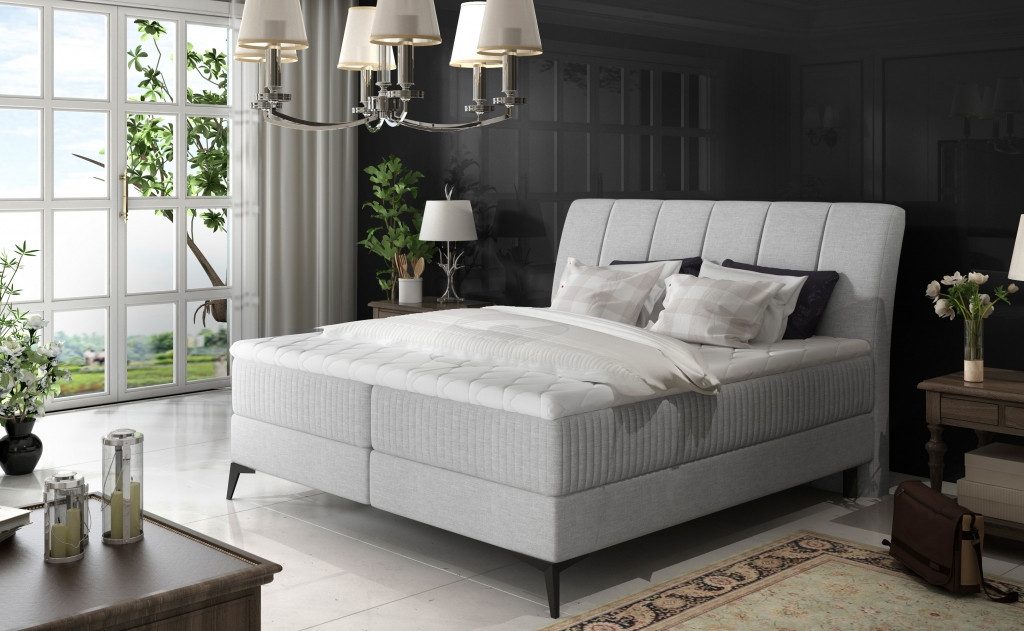 JVmoebel Boxspringbett Hotel Doppelbett mit gepolstertem Rahmen in Rosa und Edelstahlfüßen (1-St)