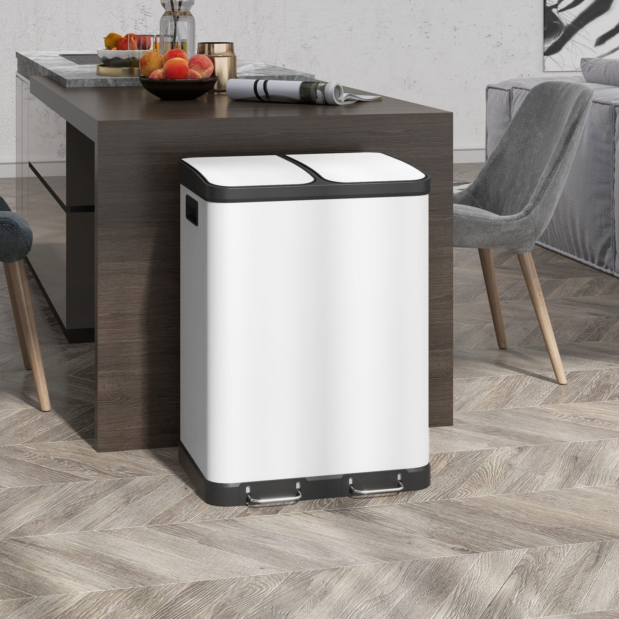HOMCOM Mülltrennsystem Mülltrennsystem 2 x 30L, Treteimer mit Softclose-Deckel, 2x30L, Softclose-Deckel, herausnehmbar, fingerabdruckresistent