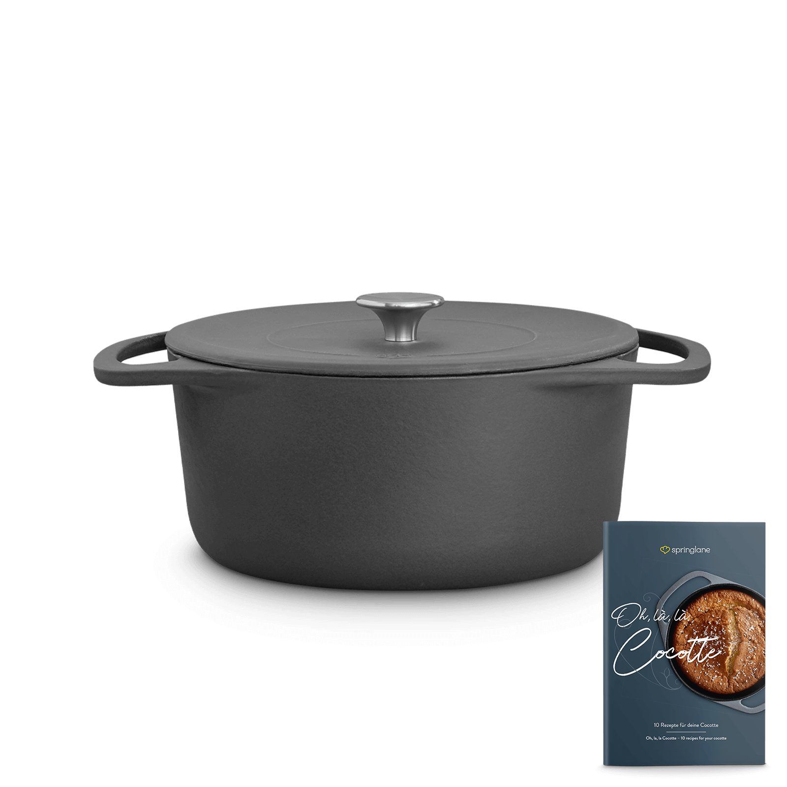 Springlane Bräter Cocotte Grau mit Deckel, Gusseisen, 4 L, Ø 24cm, Rund, Gusseisen emailliert, Edelstahl, Ideale Feuchtigkeitsverteilung durch Tropfenstruktur