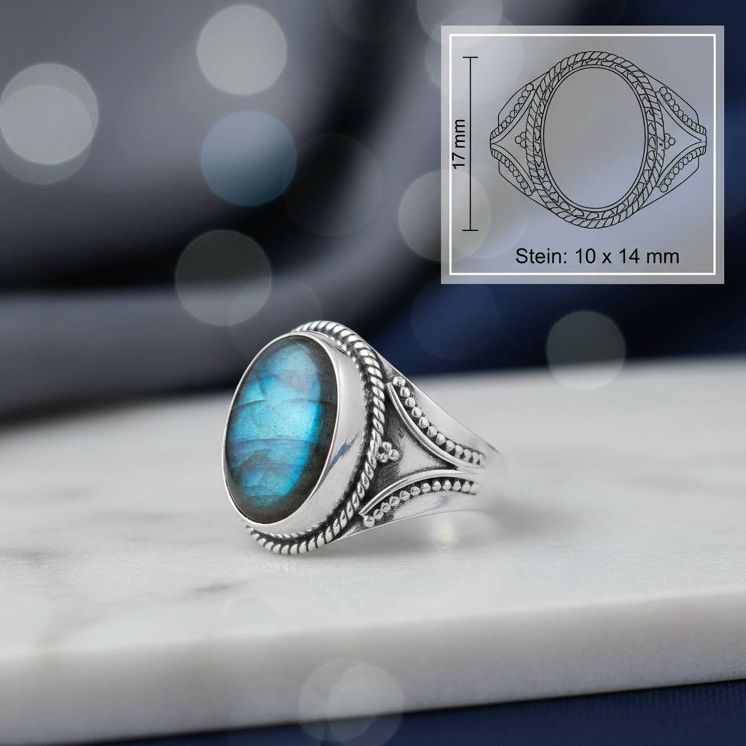 mantraroma Silberring MEKANU aus 925 Silber mit Labradorit (Ring mit Schmuckbeutel), Damenring aus 925er Silber