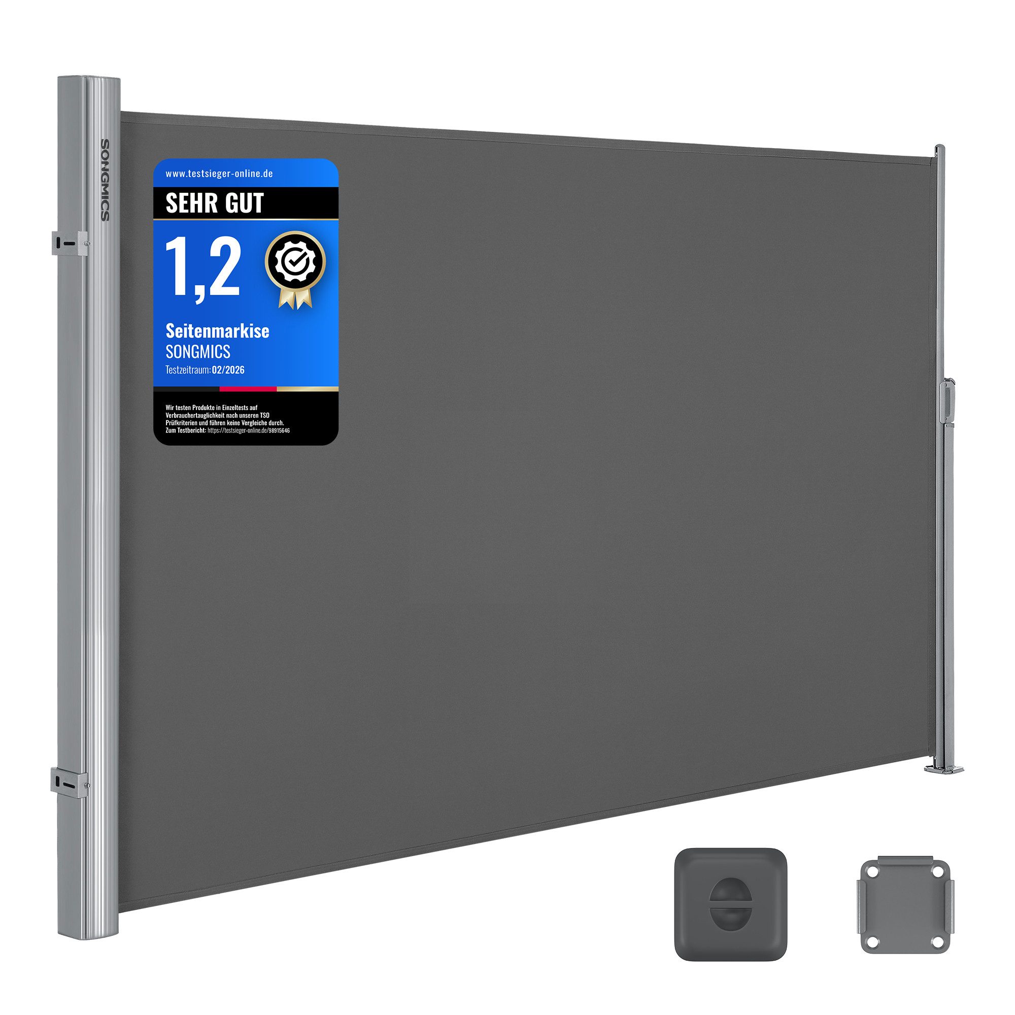 SONGMICS Seitenarmmarkise Alu, ausziehbar, Sichtschutz, balkon (inkl. Zubehörpaket & Anleitung) 280 g/m² Windschutz ausziehbar 200×300cm