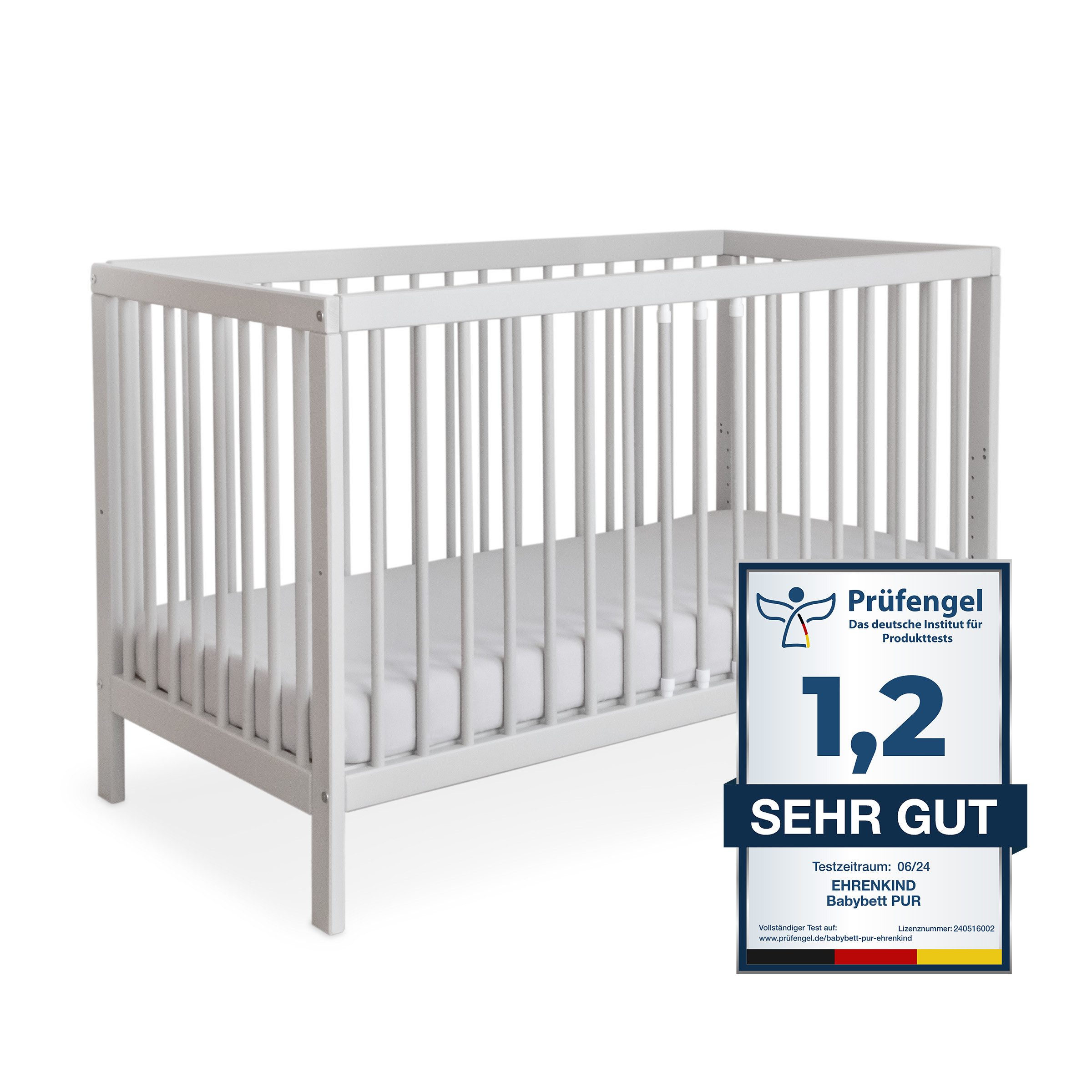 Ehrenkind Babybett PUR aus massivem Buchenholz, flexibel höhenverstellbar, Gitterbett, Kinderbett 9-Fach höhenverstellbar mit entnehmbaren Stangen Baby Bett