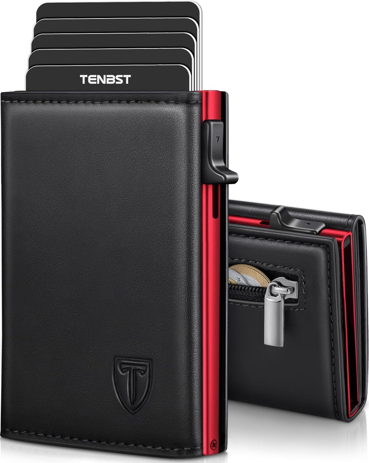 TEEHON Geldbörse Geldbeutel Herren, Edle Portemonnaie Herren mit Münzfach (RFID-Sicher Slim Wallet), Geldbörse Premium für 10 Karten - Rot-Schwarz