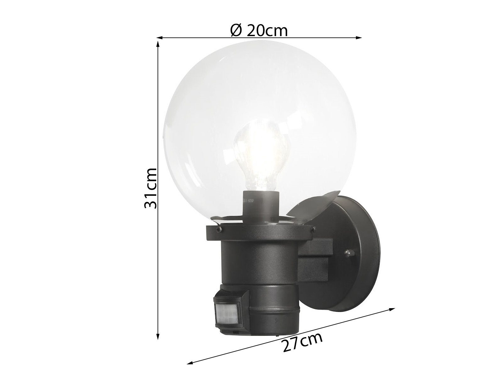 KONSTSMIDE LED Außen-Wandleuchte, Bewegungsmelder, LED wechselbar, Warmweiß, Fassadenbeleuchtung mit Glaskugel Lampenschirm Höhe 31cm